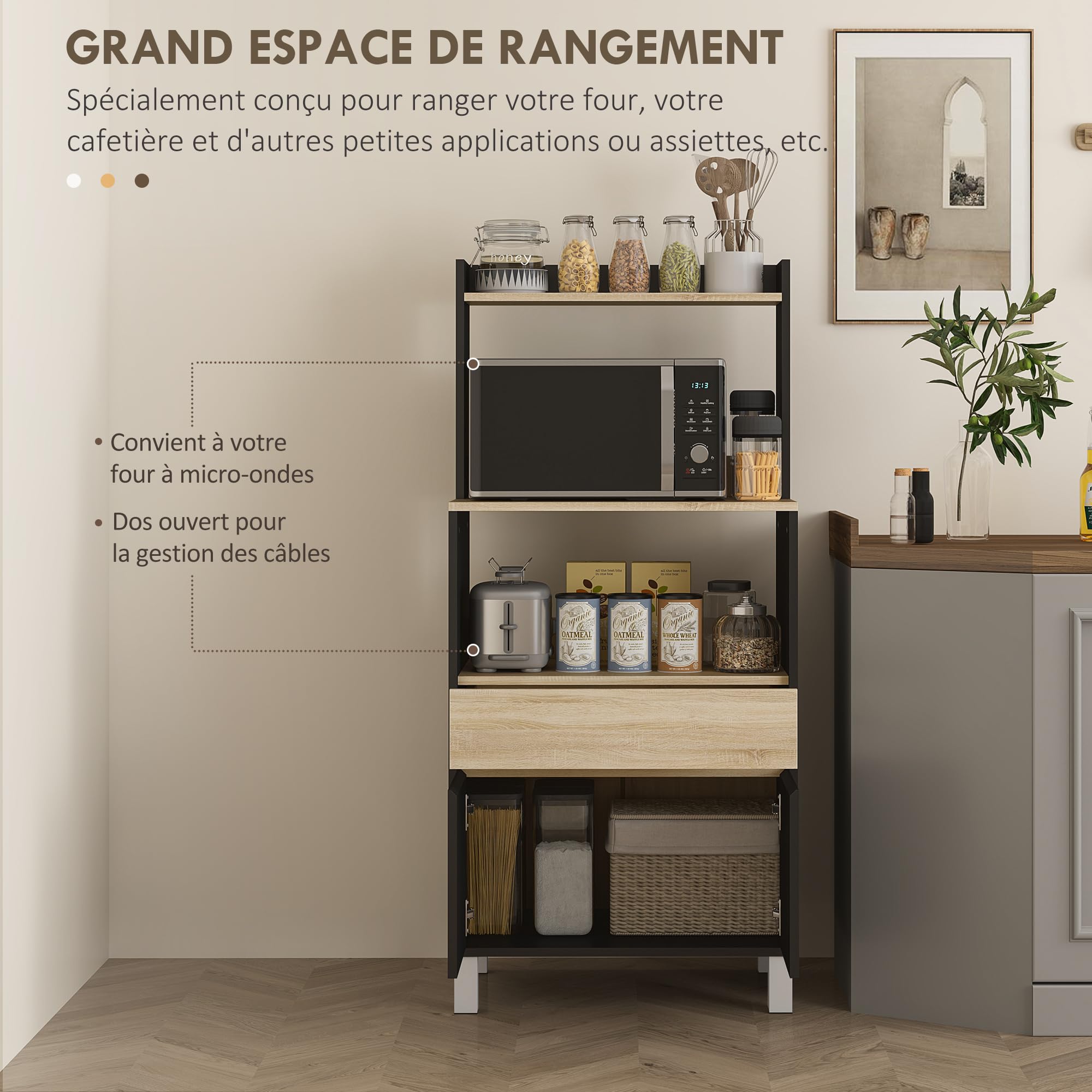 HOMCOM Meuble Micro Onde Buffet Cuisine 60 x 40 x 131 cm Chêne Noir | avec Placard, Tiroir, Étagère Supérieur, Meuble Micro Ondes Cuisine Rangement, pour Salle à Manger, Salon