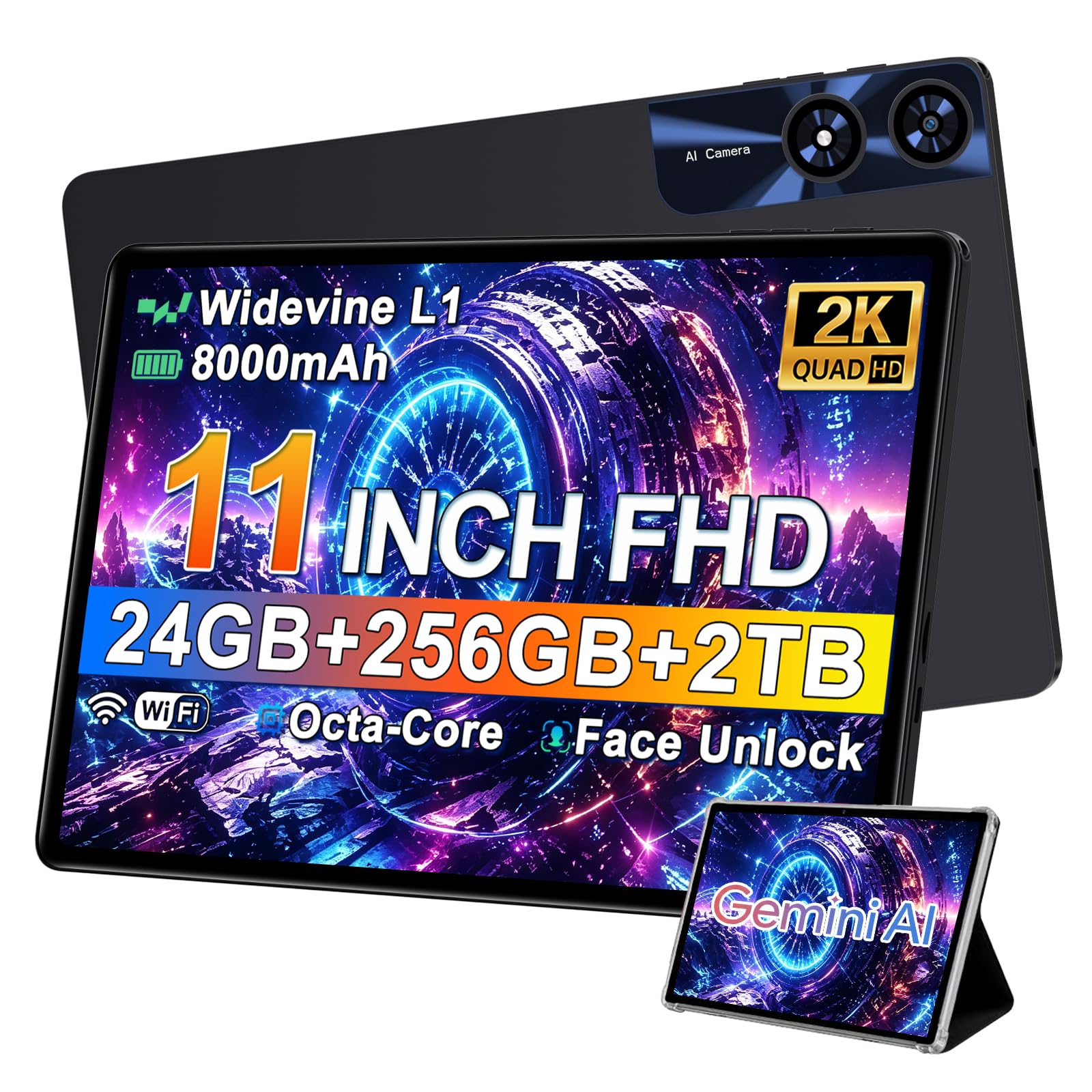 2026 Tablet 11 Inch, 24GB+256GB+2TB, Android Tablet with 8000mAh, Electronics Tablets with Octa Core, 13+5MP Camera, Widevine L1, IPS Touchscreen, 5G WiFi, BT5.0, GPS, Metal Tablet with case - Black