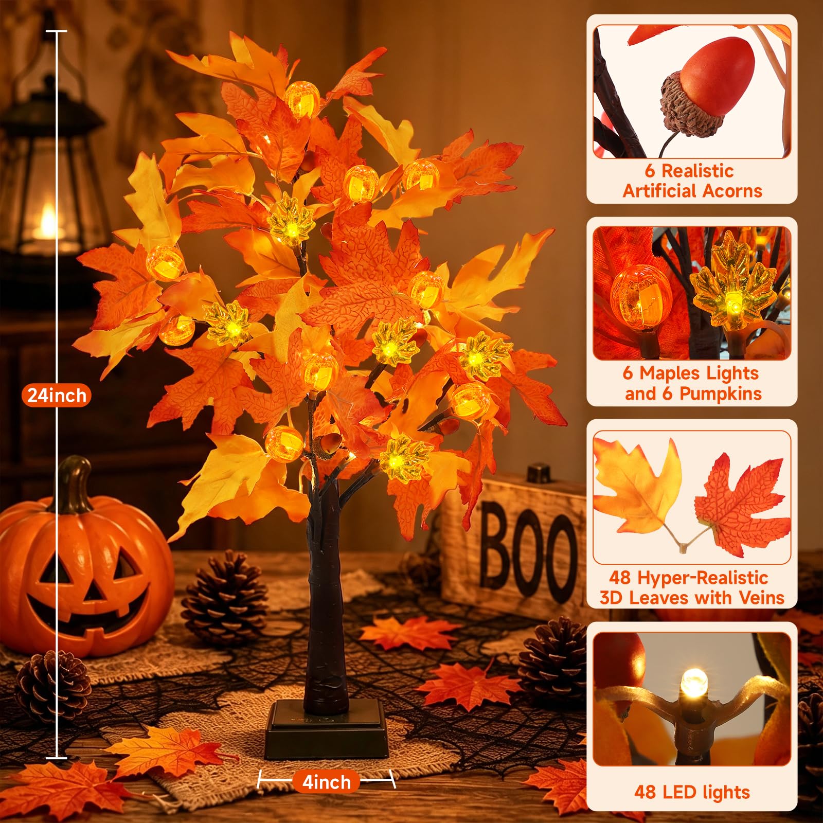 Confezione da 2 alberi illuminati autunnali da 61 cm con 48 LED a batteria, decorazioni autunnali che si illuminano con zucche artificiali, albero di ghianda per autunno, Ringraziamento, tavola