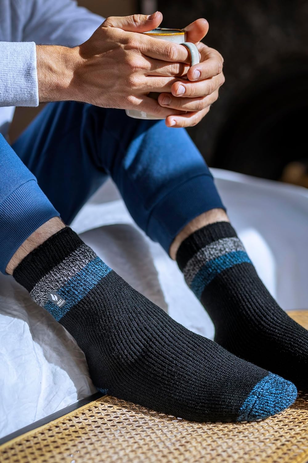HEAT HOLDERS - Mens Thick Original Thermal Socks | Fuzzy Fleece Boot Socks (7-12, Navy/Denim Heel & Toe (Berlin))