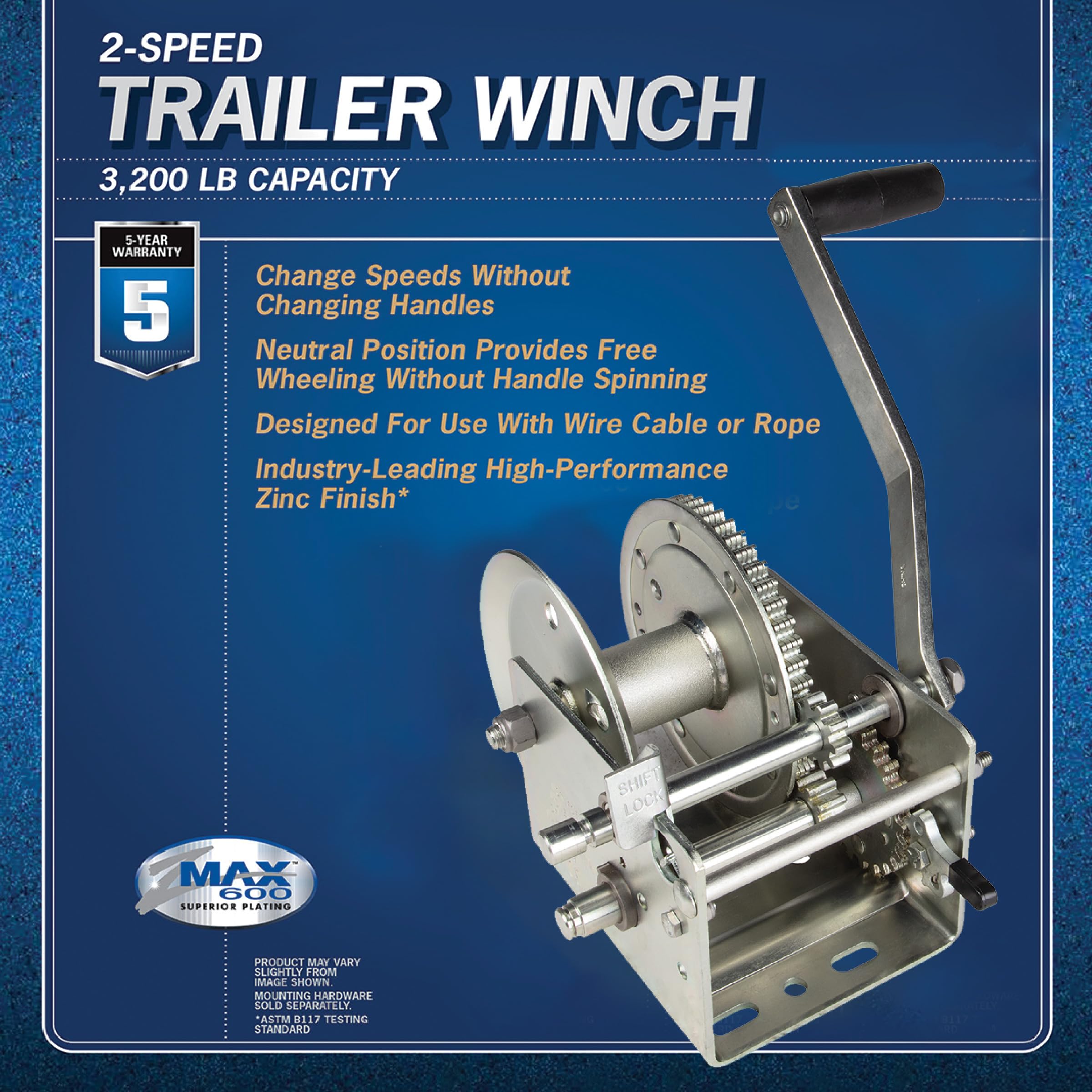 Fulton 142421 Trailer Winch, Two-Speed, 3,200 lbs. Capacity, No Strap, 10 Inch Handle
