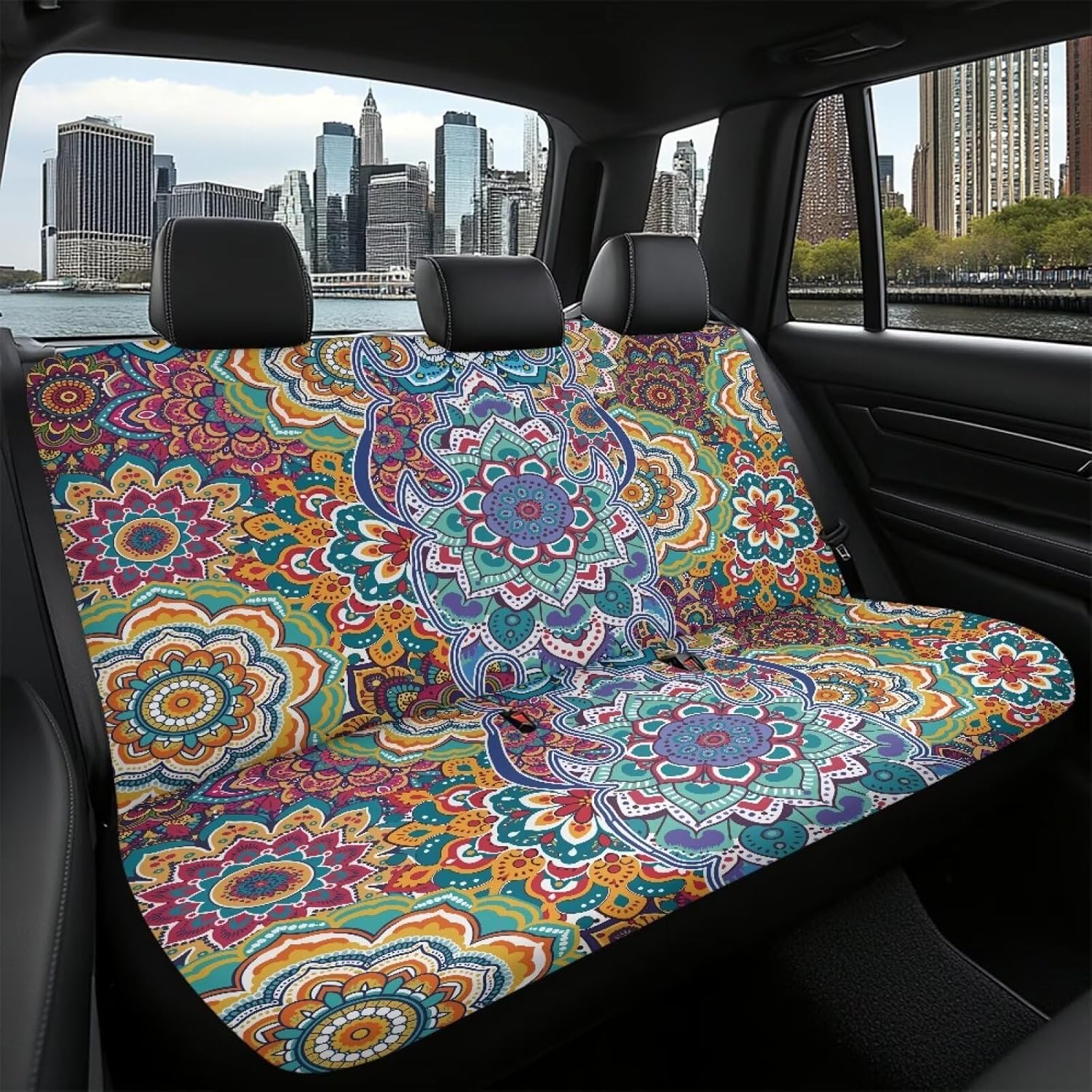Mandala Flower Car Back Seat Cover Universal Rear Seat Cover Anti-Slip Back Fabric Protection Interior Accessories Easy to Install Suitable for Cars, SUV