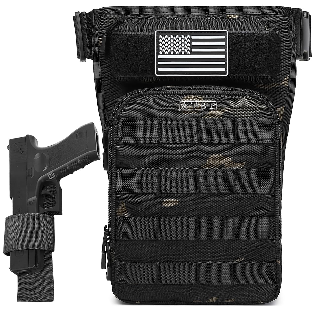ATBP Tactical Drop Leg Bag with Universal Holster, Black Camo, 9x14x3 inches, Military Fanny Pack