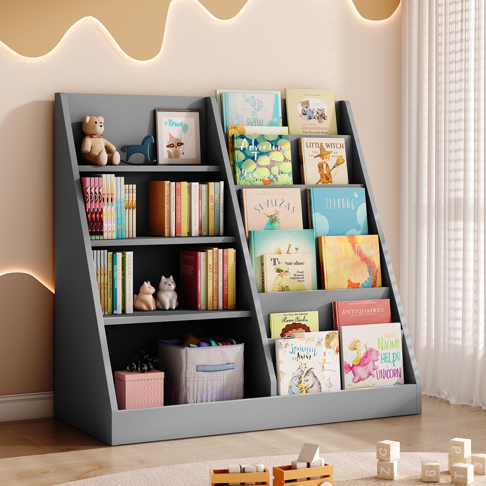Tatub 6 Tier Kids Wooden Bookshelf and Toy Storage, Children Toy Organizer with Book Shelves, Toddler BookRack Baby Bookcase for Nursery, Playroom and Classroom, Gray