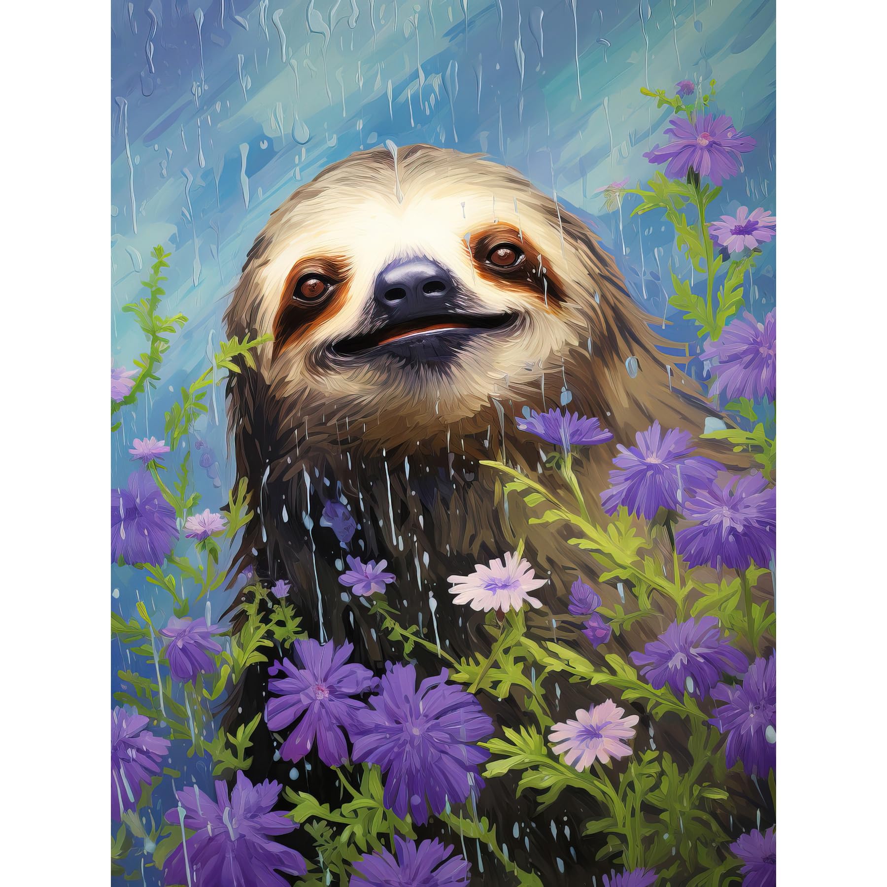 Artery8 Carefree Sloth in a Field of Lavender Daisies Oil Painting Enjoying the Spring Rain Kids Bedroom Extra Large XL Wall Art Poster Print
