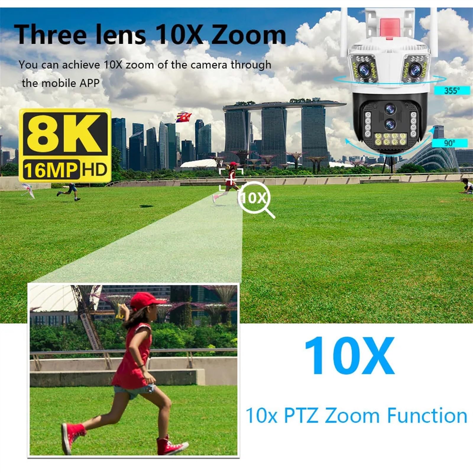Telecamera di sicurezza, Telecamera PTZ a quattro obiettivi 8K 16MP IP a tre schermi AI Tracciamento umano di sorveglianza CCTV sicurezza esterna(8K Add 64G Card)