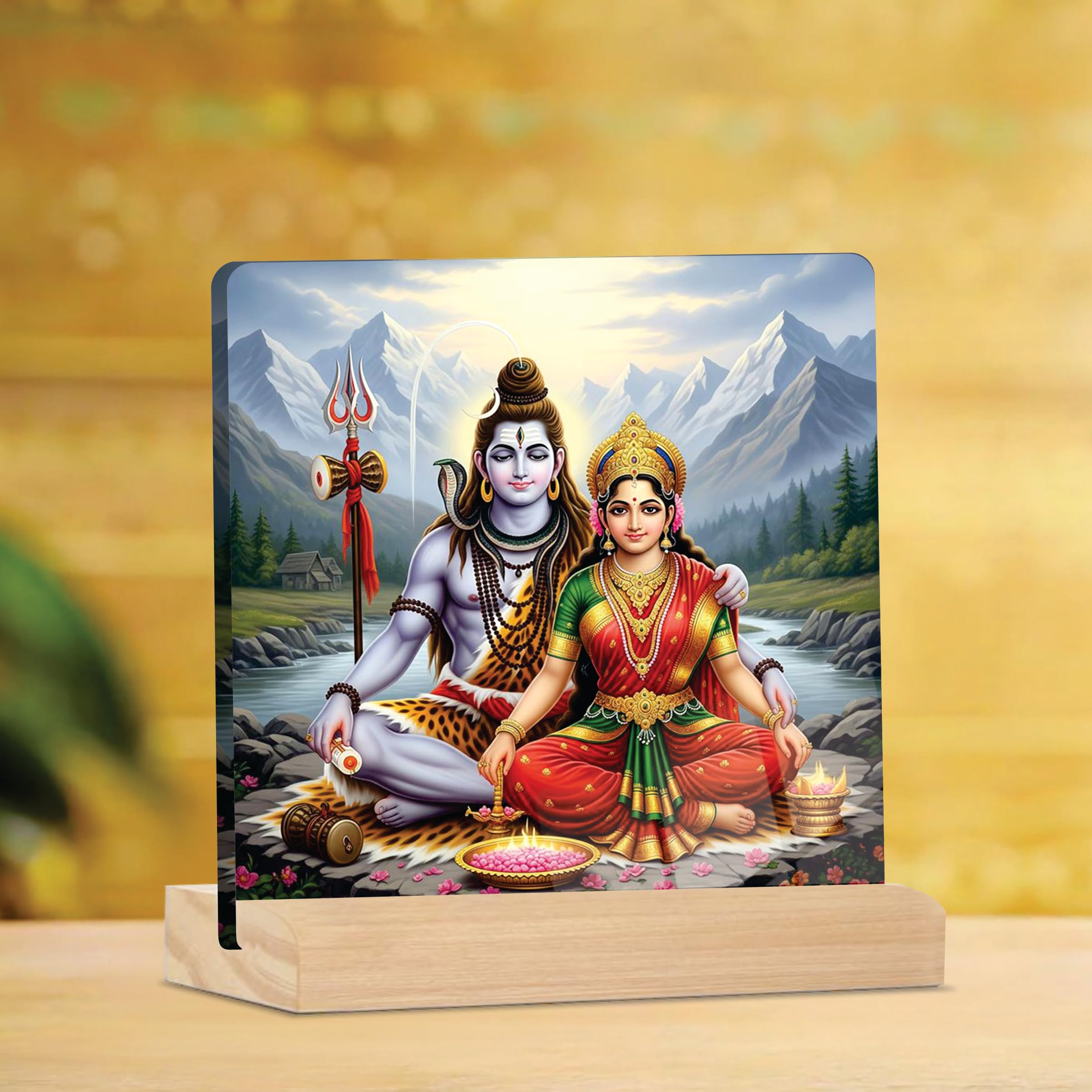 Giftplease Placa Parvati del Señor Divino Shiva y la Diosa con soporte de madera, marco de fotos religioso para el templo del hogar, habitación Pooja, oficina y regalo espiritual para inauguración de