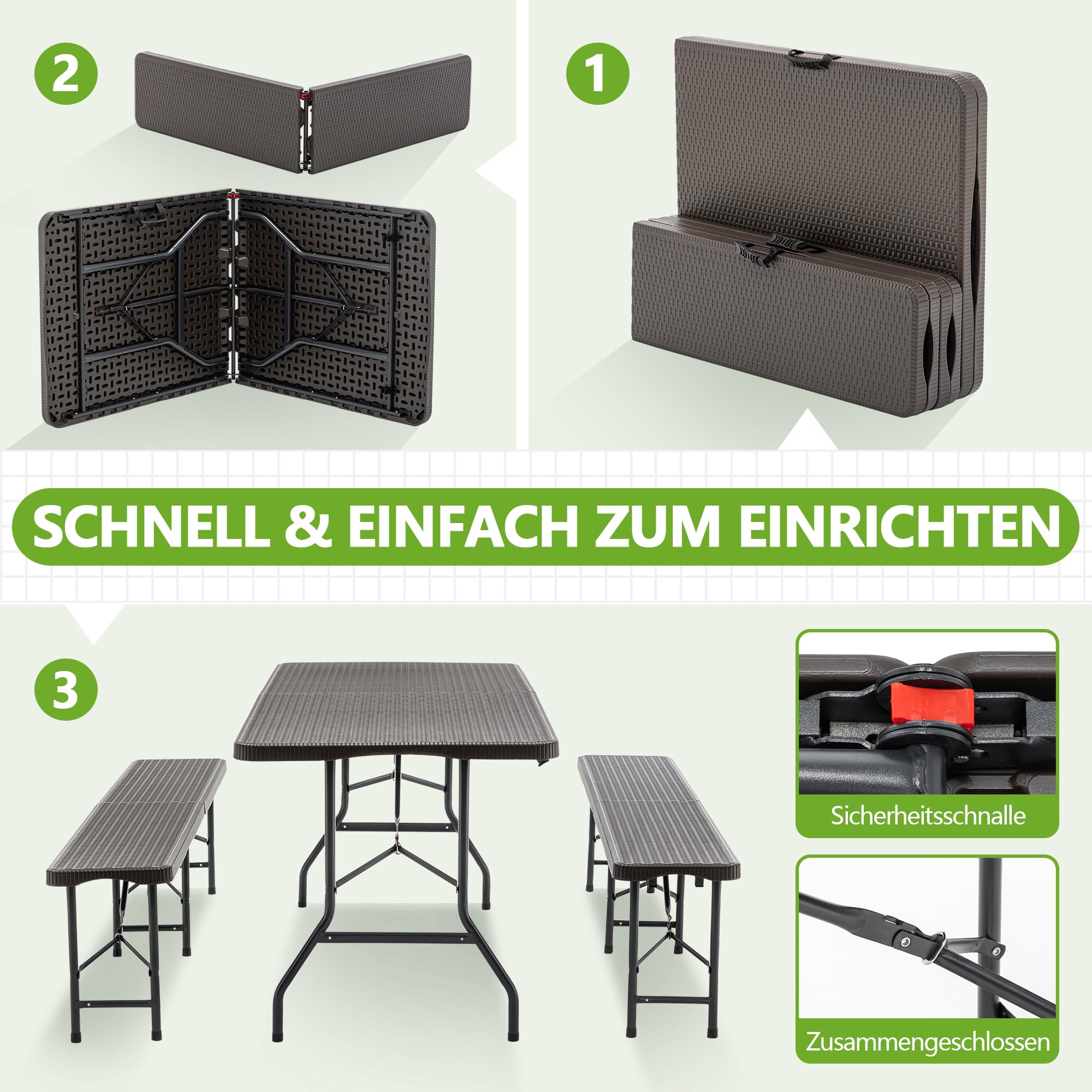 Bierzeltgarnitur Klappbar 180cm, Biertischgarnitur mit 2 Bierbank, Biergartengarnitur, Gartenmöbel Set, Balkontisch, Stabil, Wetterfest Campingtisch (Braun)