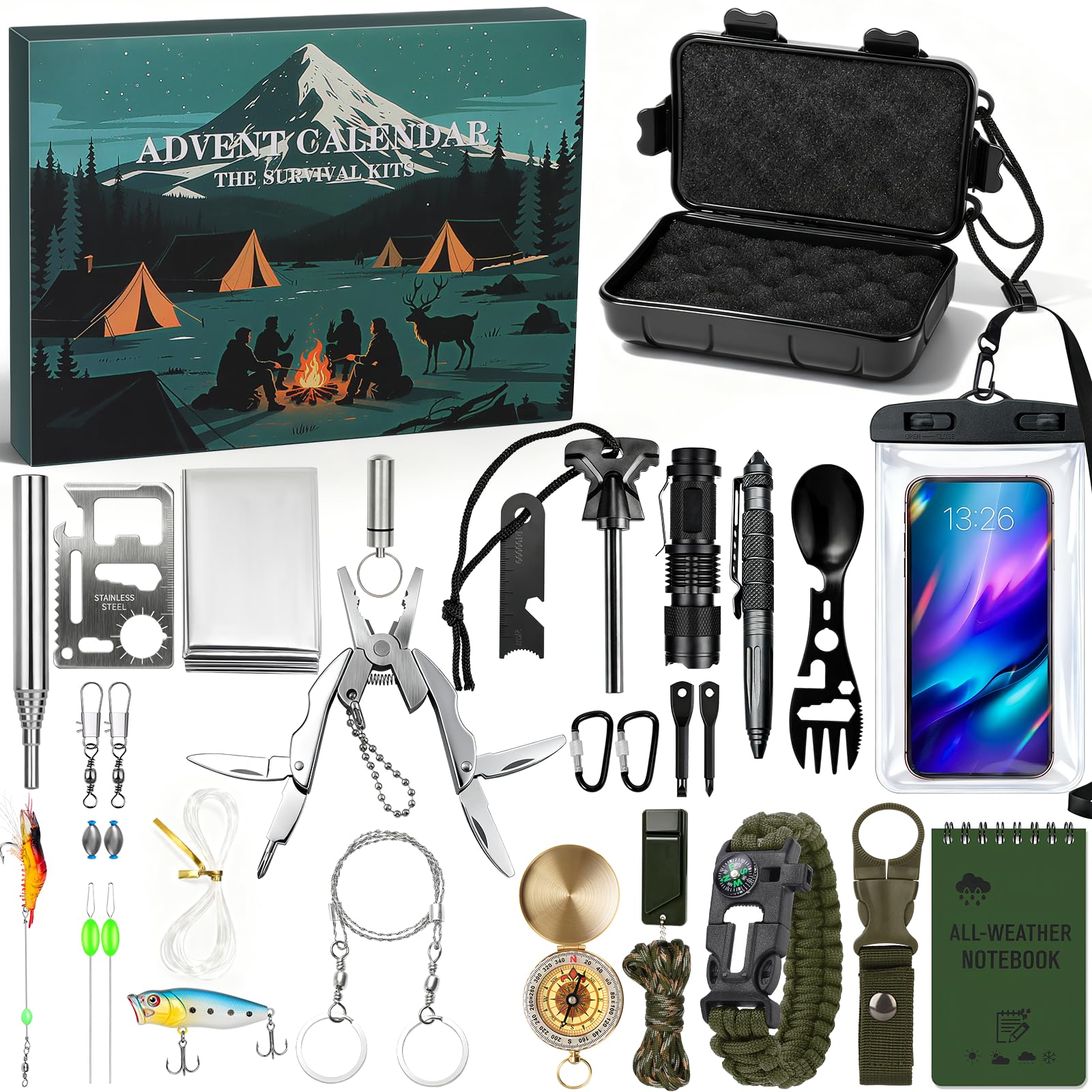 BuzzoXerex Calendario de Adviento 2025 Hombre, 24 PCS Kit de Supervivencia para Camping