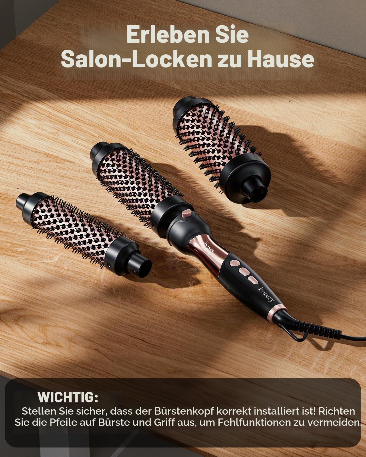 Farery Lockenstab Thermal Brush, 9 Temperaturen Heiße Bürsten für mittleres bis dickes und grobes Haar, schnell aufheizende keramische Heißbürste, austauschbare Bürstenköpfe, mit Dual-Spannung.