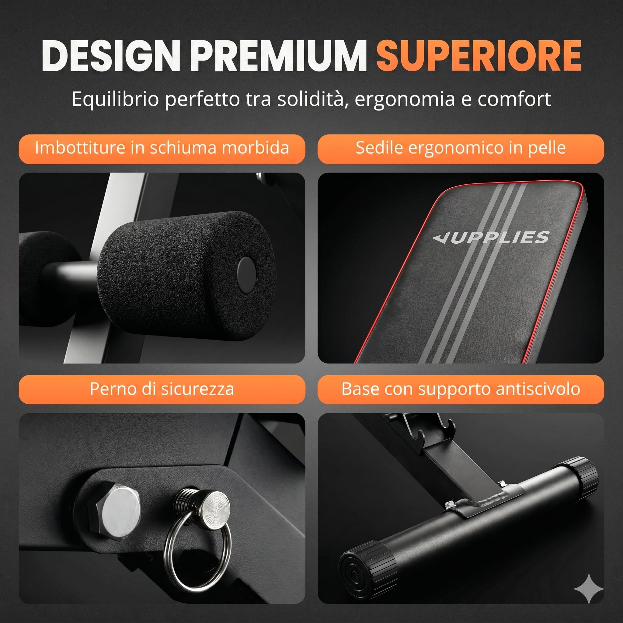 JUPPLIES Panca Pesi Pieghevole Multifunzionale 7 Posizioni | Inclinabile fino a 90° | Capacità 250kg | 2 Fasce Elastiche Incluse | Panca Palestra Casa + Tappeto Puzzle 36 Pezzi