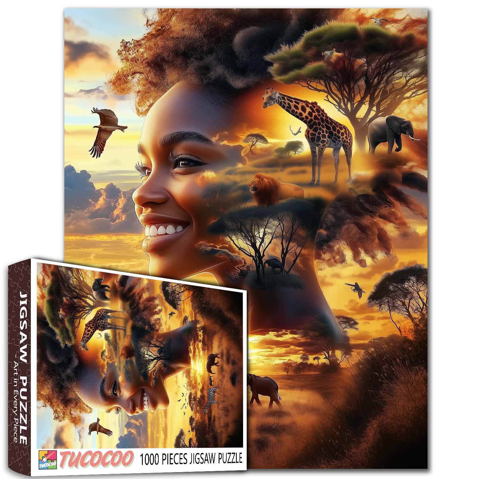 Elephant Animal Tree Sunset Landscape 1000 Piece Puzzles for Adults African Giraffe Puzzle for Beginner Surreal 1000 Pieces Jigsaw Puzzles for Adults Gift for Women Family Fun Games