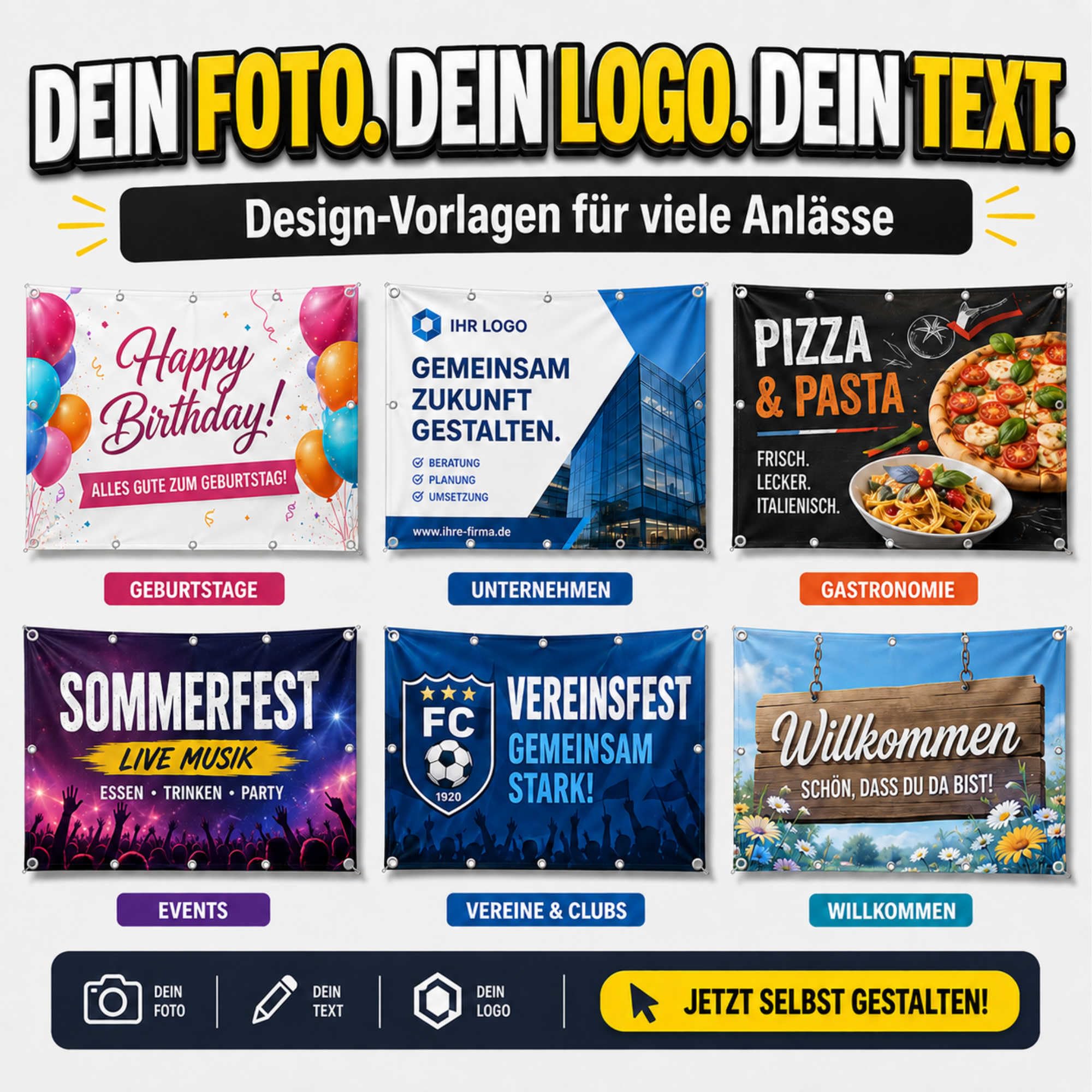 Banner selbst gestalten mit Foto, Wunschtext oder Bild - 100x100 cm - Plane personalisiert mit Saum & Ösen
