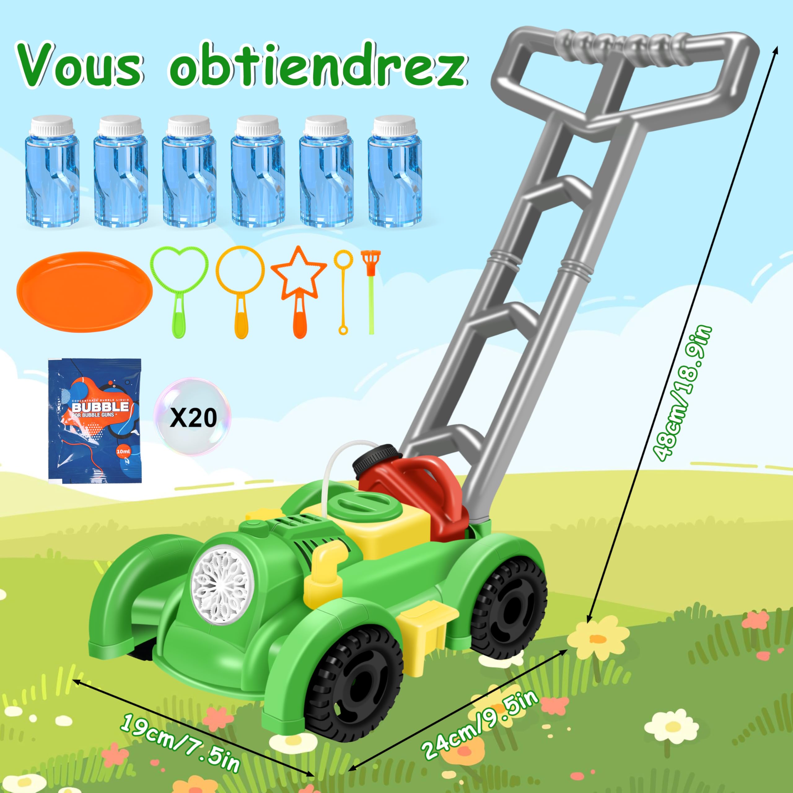 Herefun Tondeuse à Bulles Enfant, Machine à Bulles Automatique, Soufflante à Bulles Automatique Alimentée par Pile, Tondeuse à Gazon Jouet pour Activités en Plein Air Enfant (Vert)