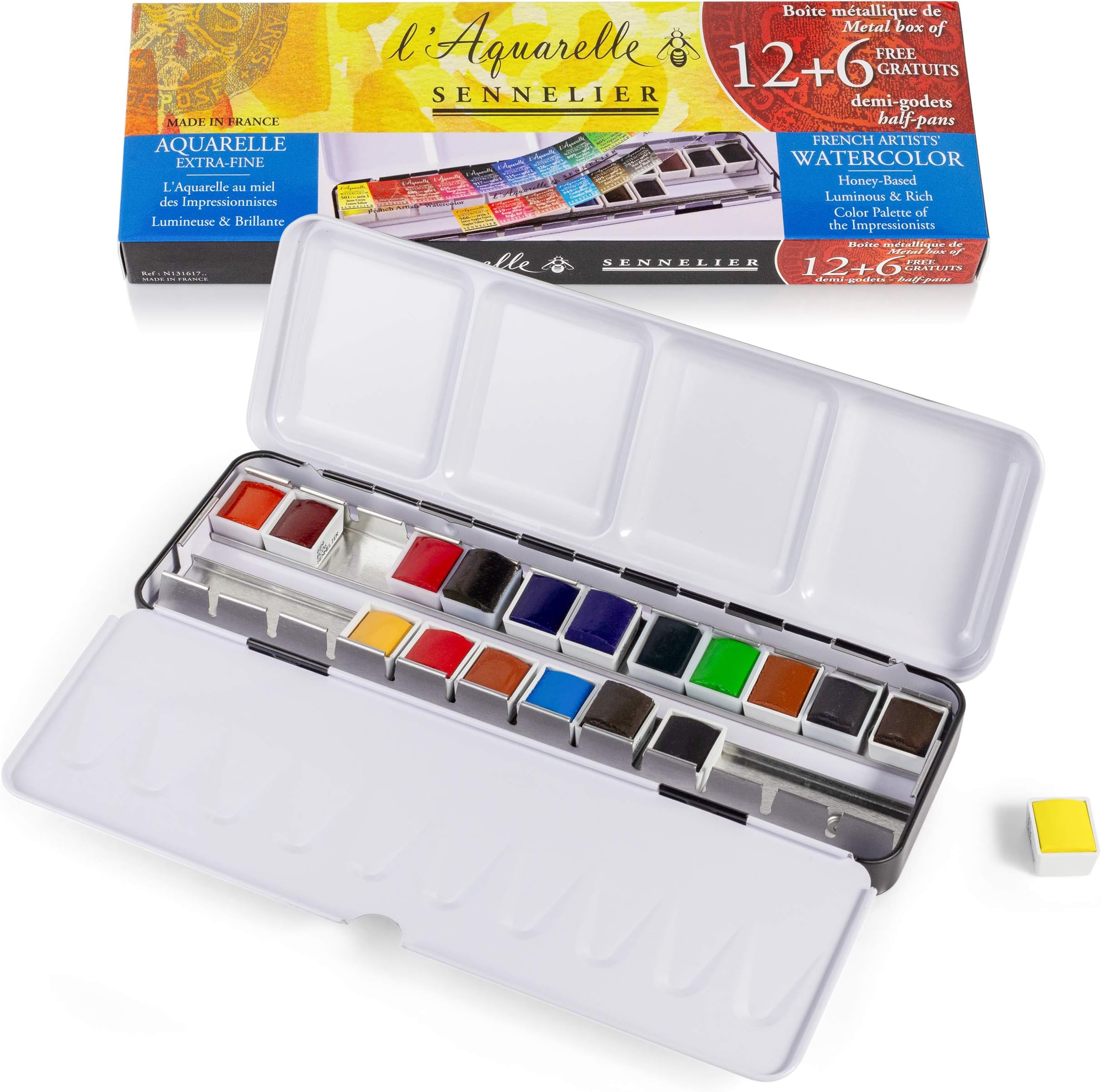 L'Aquarelle French Watercolor Paint, Metal Set of 18 Half Pans