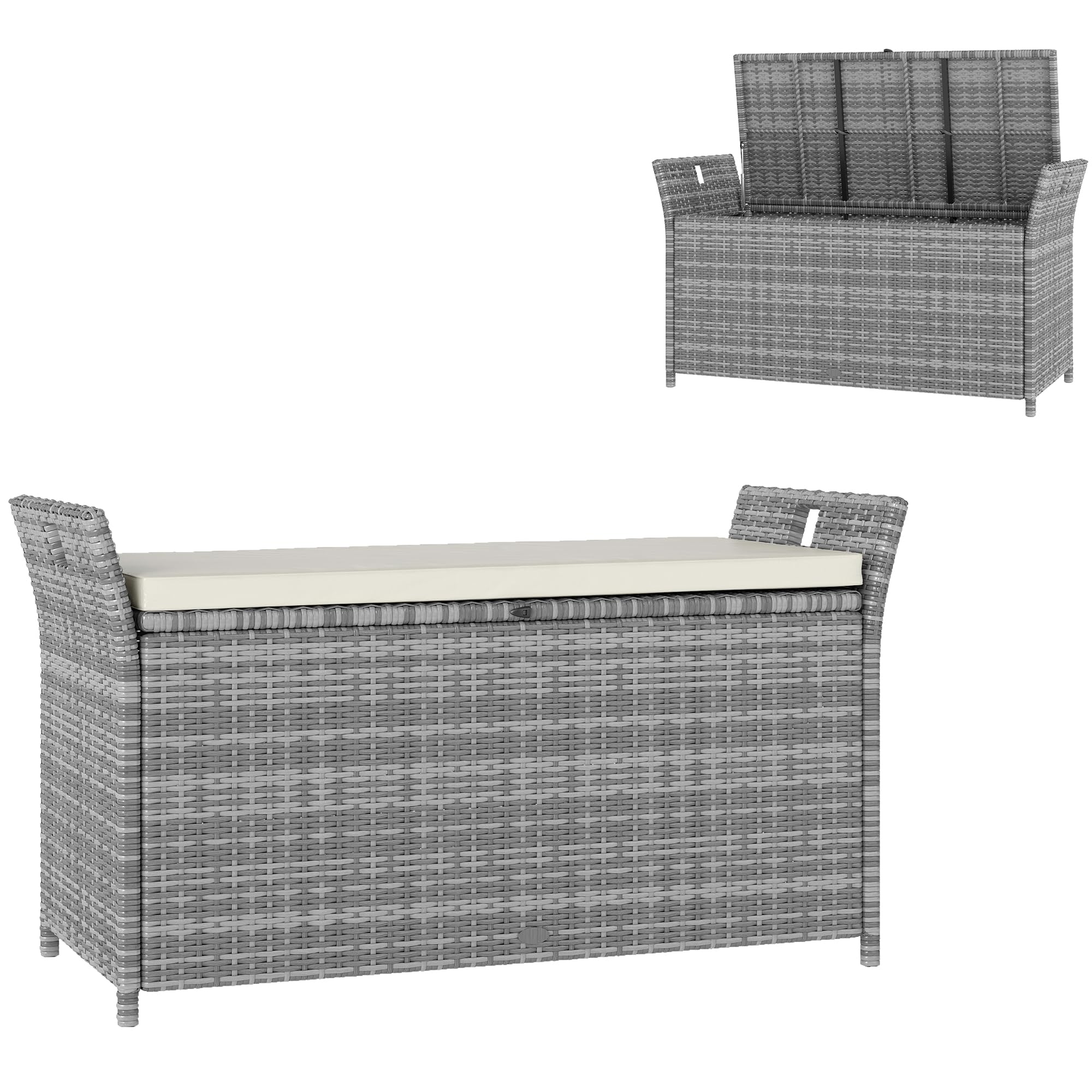 Outsunny Coffre de Rangement Extérieur 250L 125 x 55 x 70 cm crème et Gris | en Résine Tressée, Banc de Rangement, Coussin Amovible, Jardin Balcon Patio