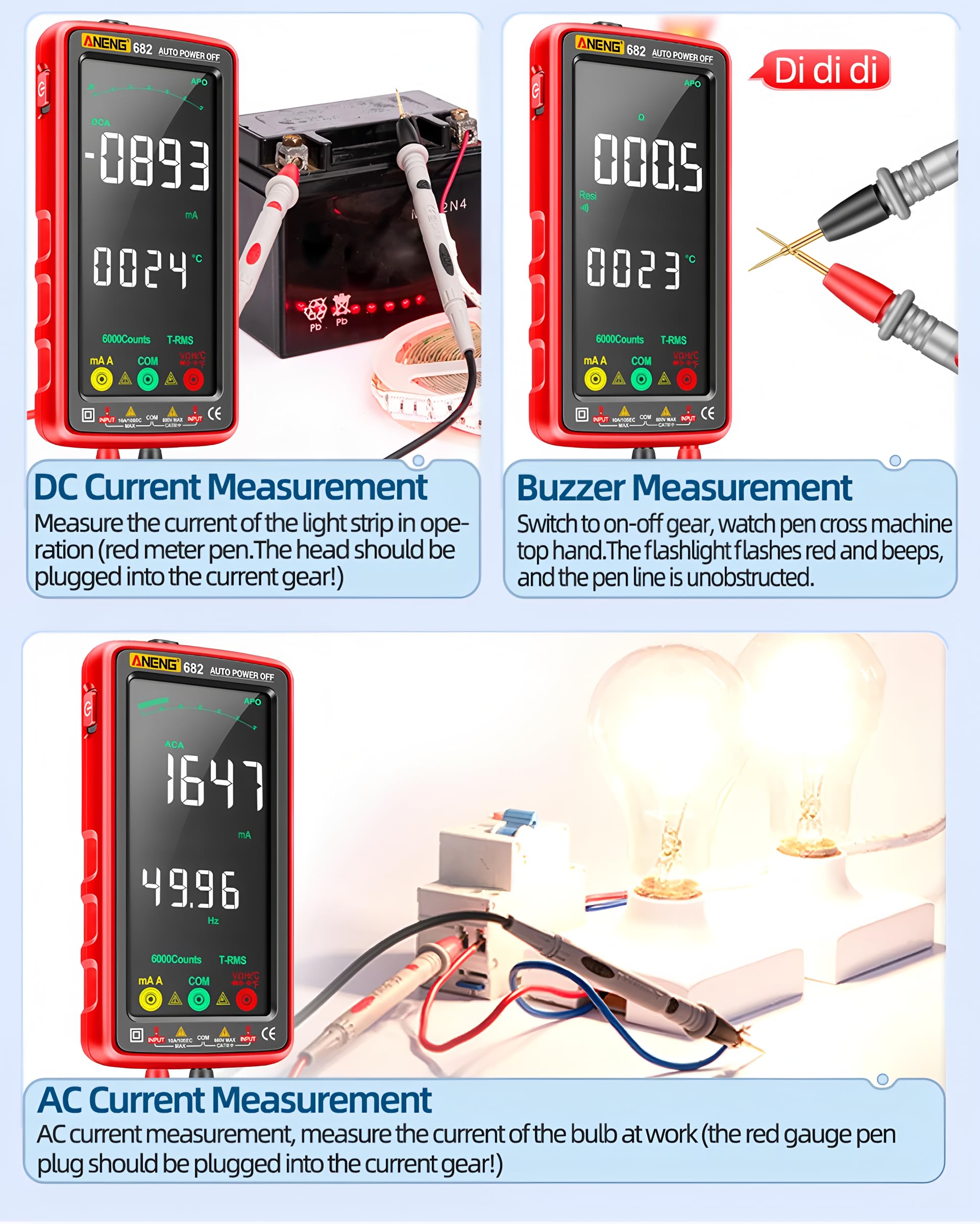 Multimètre intelligent 682 grand écran couleur AC/DC ampèremètre testeur de tension rechargeable ohm testeur de diode outils pour électricien (682)
