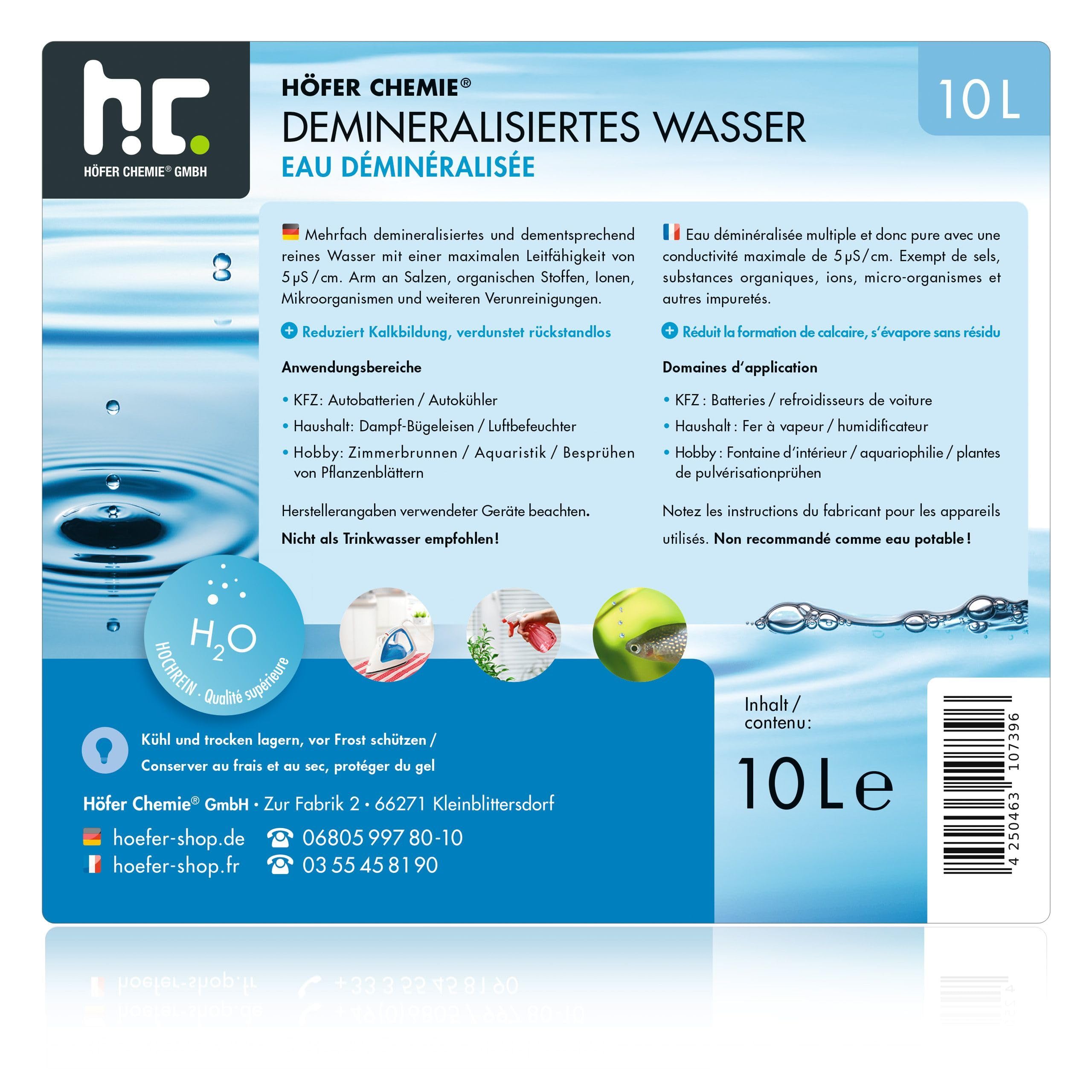 Höfer Chemie 60 bidons de 10 litres d'eau déminéralisée de