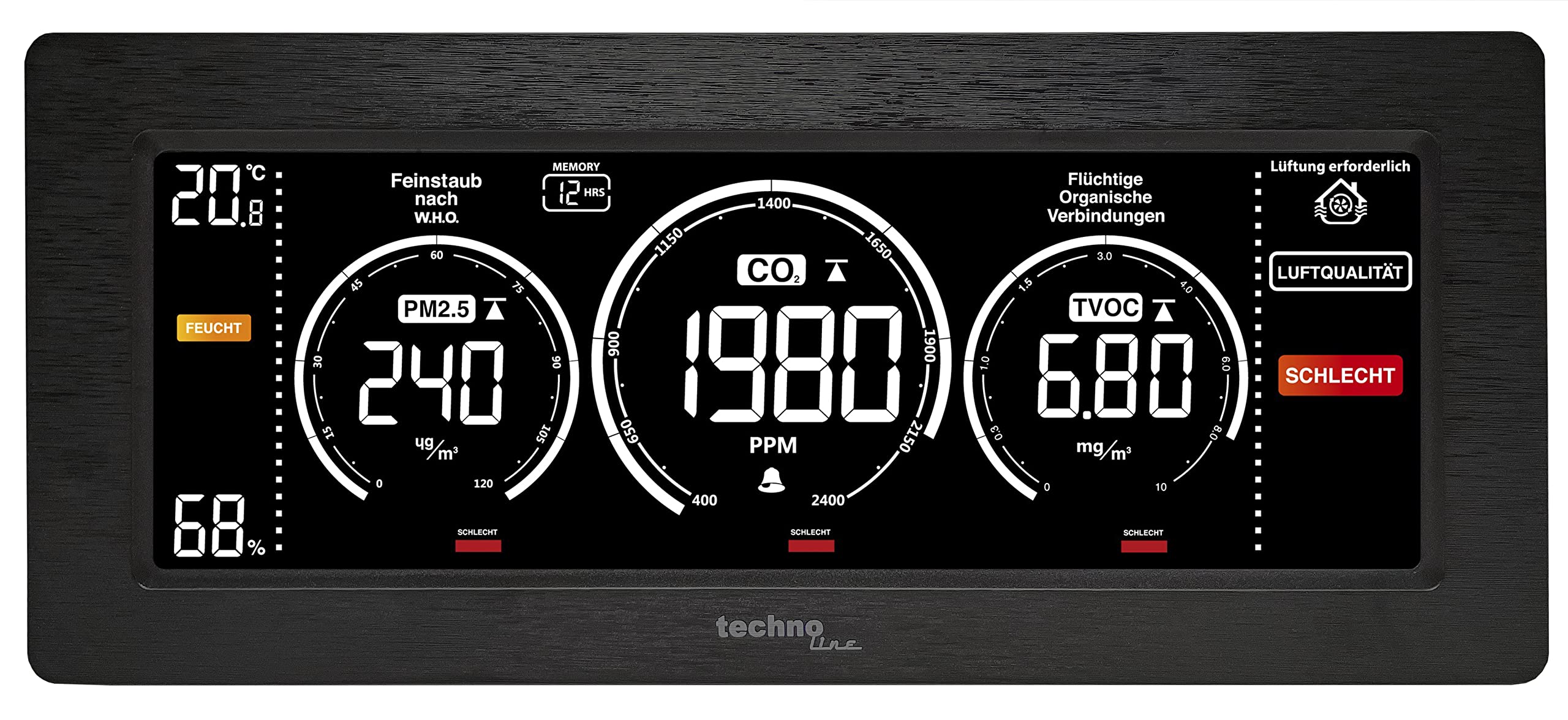 Techno Line Moniteur de qualité de l'air, Affichage coloré de la Concentration de CO2 et TVOC, Affichage des poussières Fines, Appareil de Mesure pour la qualité de Votre air intérieur