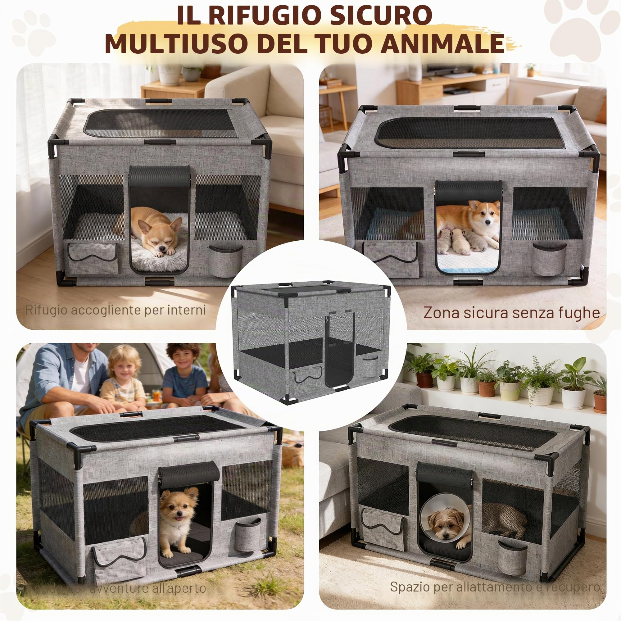 UISEBRT Recinto per cuccioli, in tessuto Oxford, rete traspirante con cerniera e tasca laterale, box per interni per cani e gatti, 85 x 65 x 64,5 cm, rettangolare