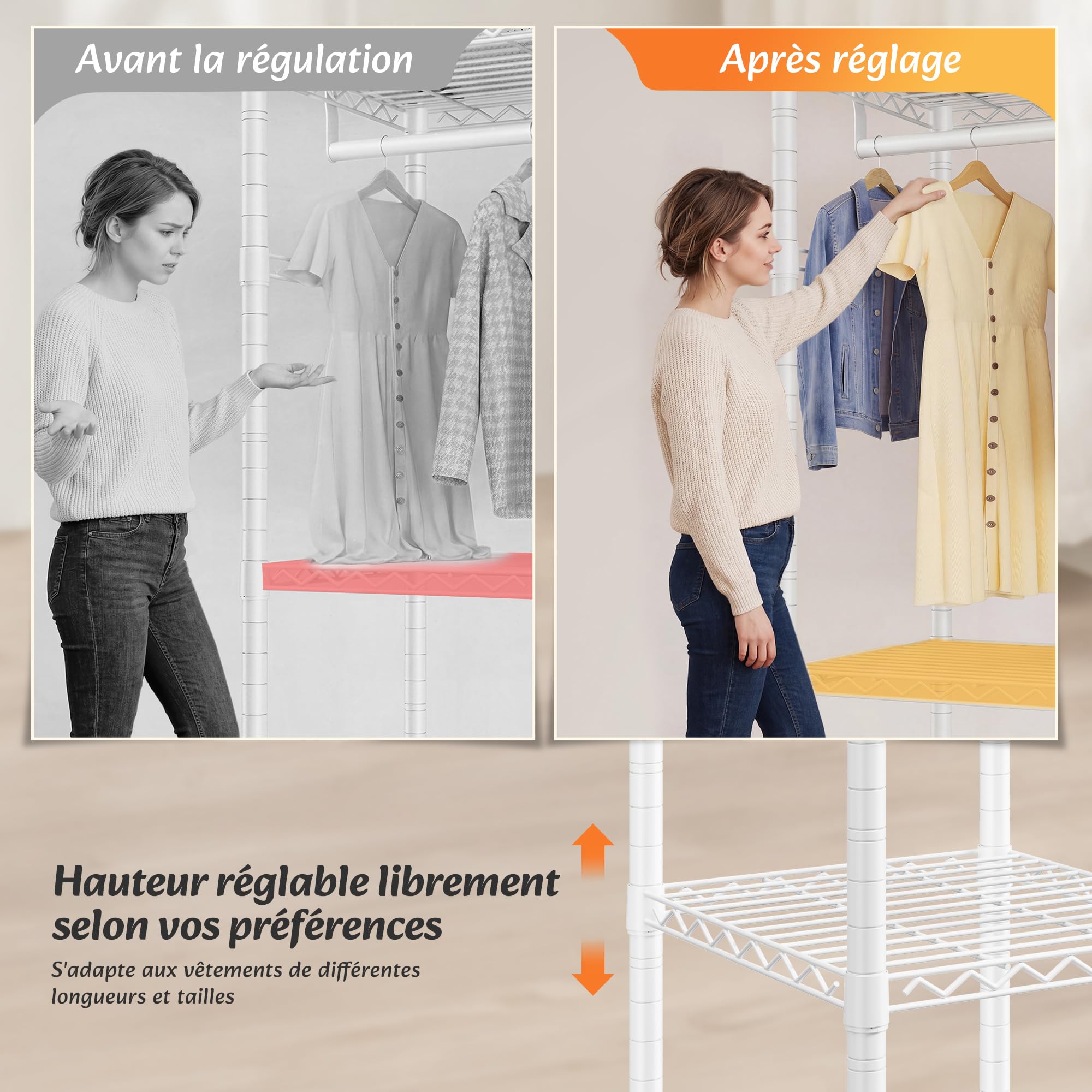Portant à vêtements solide, Penderie Vêtement Dressing Chambre Adulte avec 3 étagères réglables en hauteur, 2 tringles à vêtements, 4 crochets, métal, 200 KG, 80x40x194,5 cm, pour entrée, Blanc