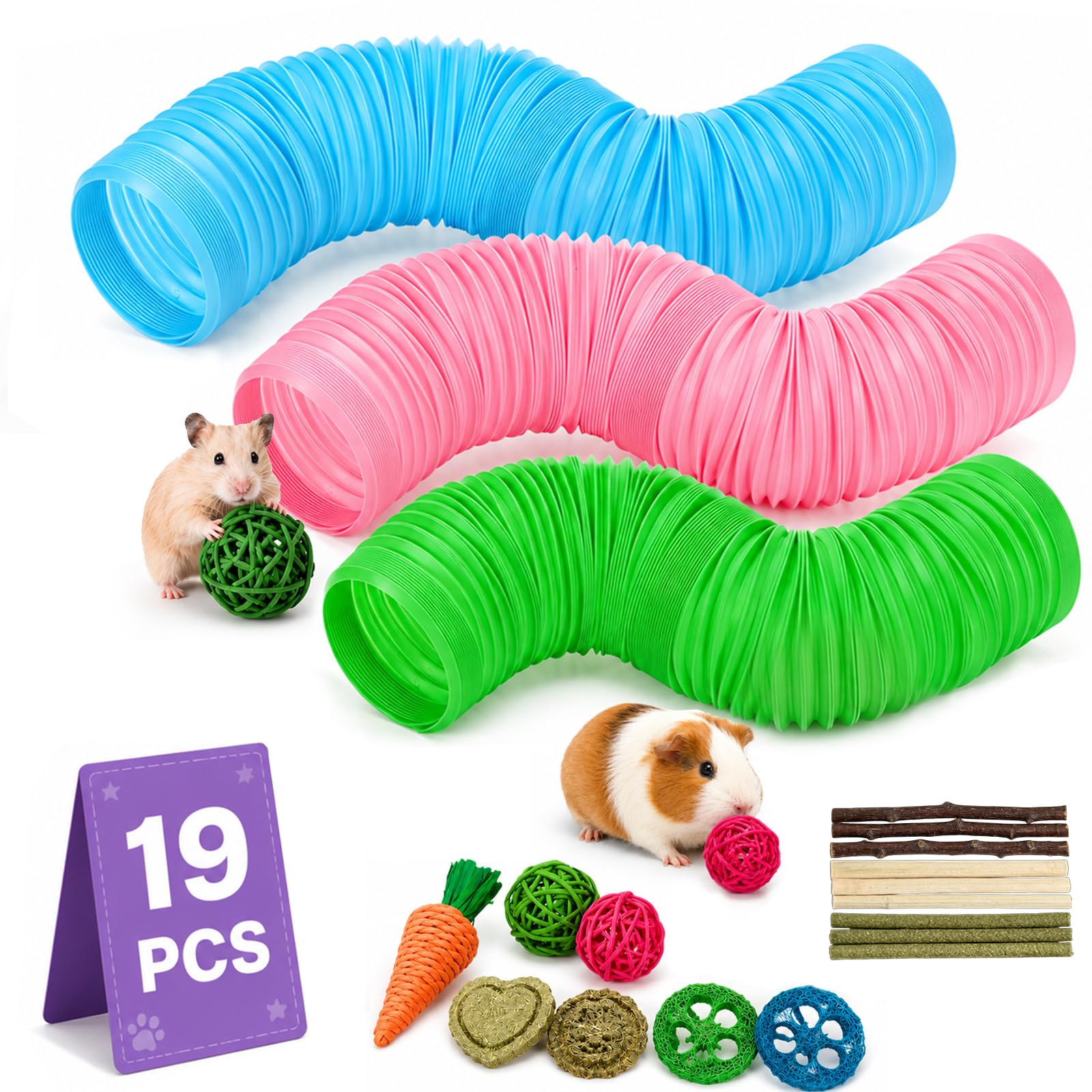 19 tubos para hámster y juguetes masticables de madera para hámster, juguetes naturales para el enriquecimiento, accesorios de jaula para mascotas para sirio, accesorios de jaula para el cuidado de