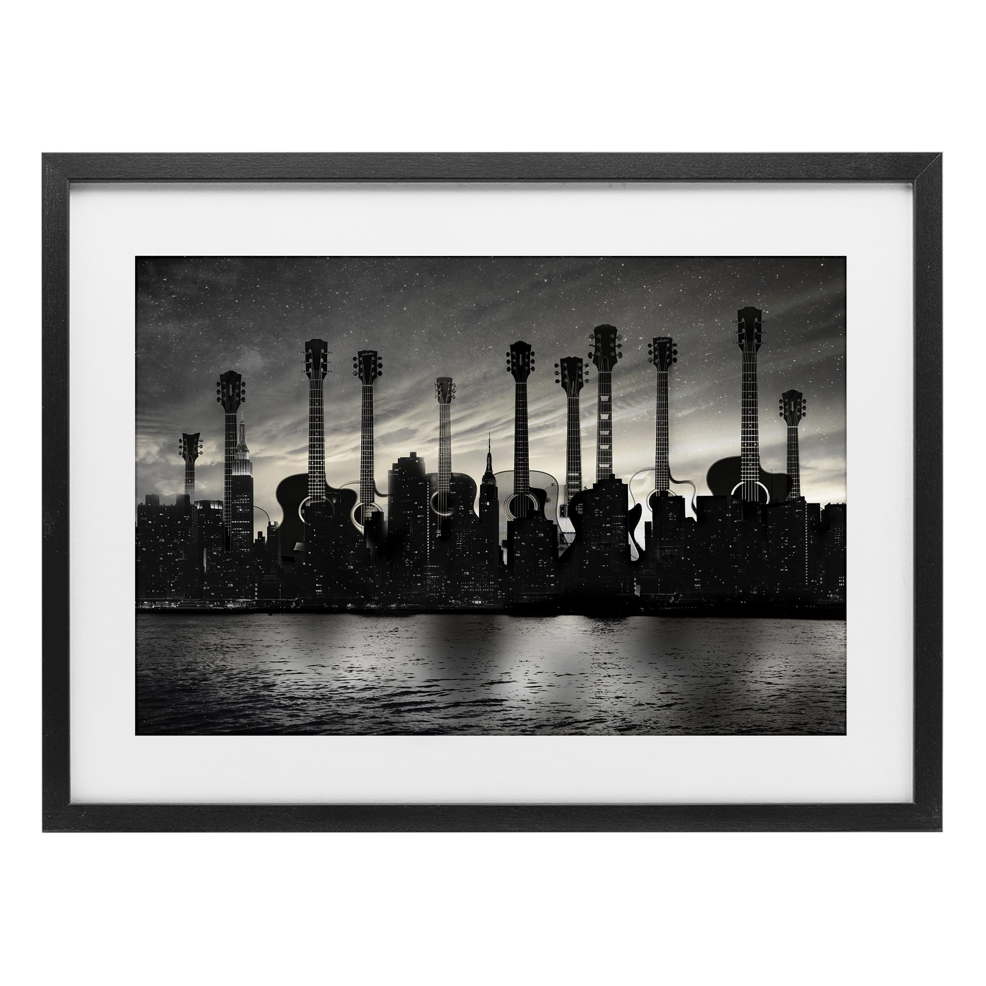 Stupell Industries Midnight Black (Textured) 'Guitar Skyline Cityscape'| Framed Print Under Glass