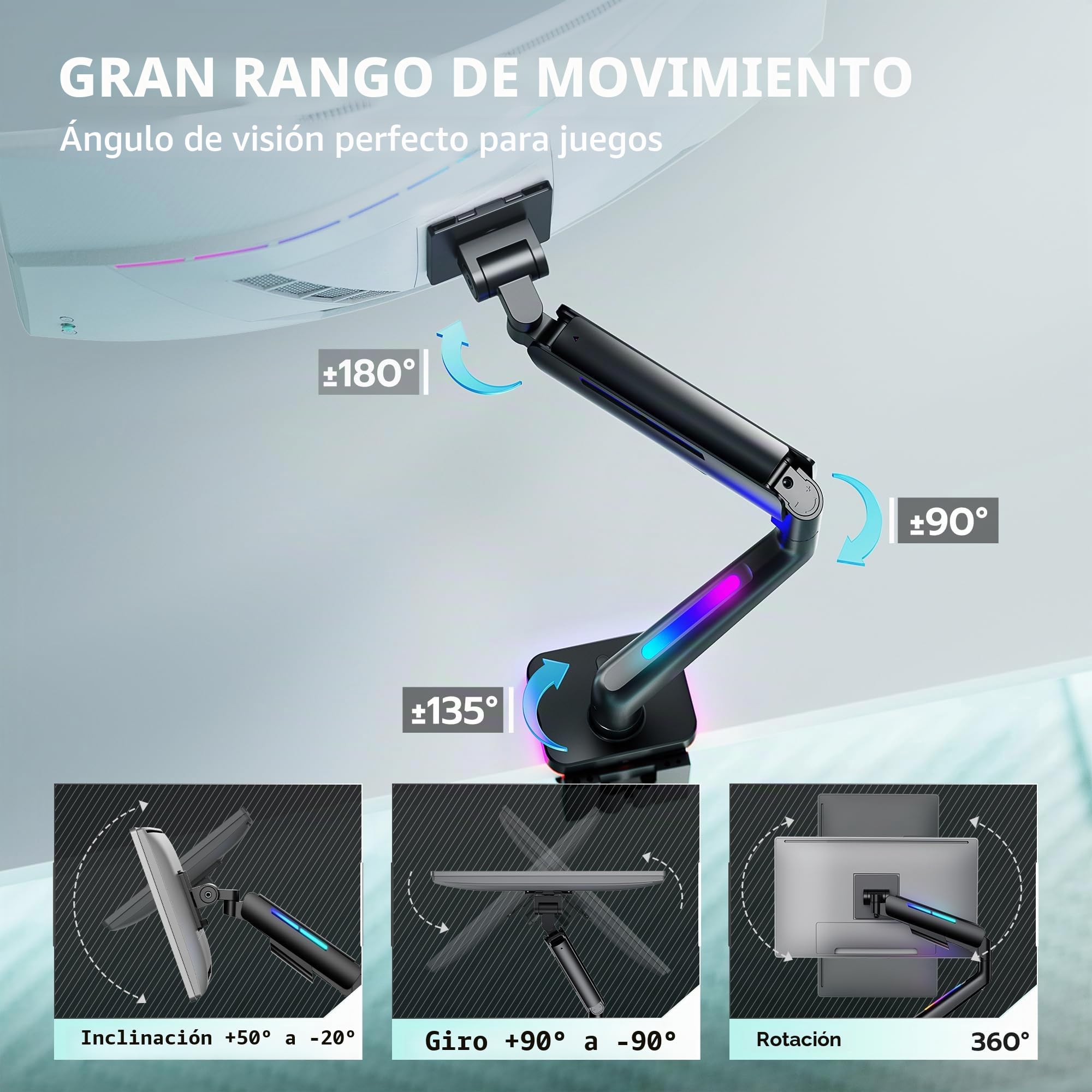 ARES WING Ergonomic Brazo de Monitor RGB para monitores de 17 a 49", Blanco | Capacidad de Carga de hasta 20 kg, Resorte de Gas, diseñado para Gamer