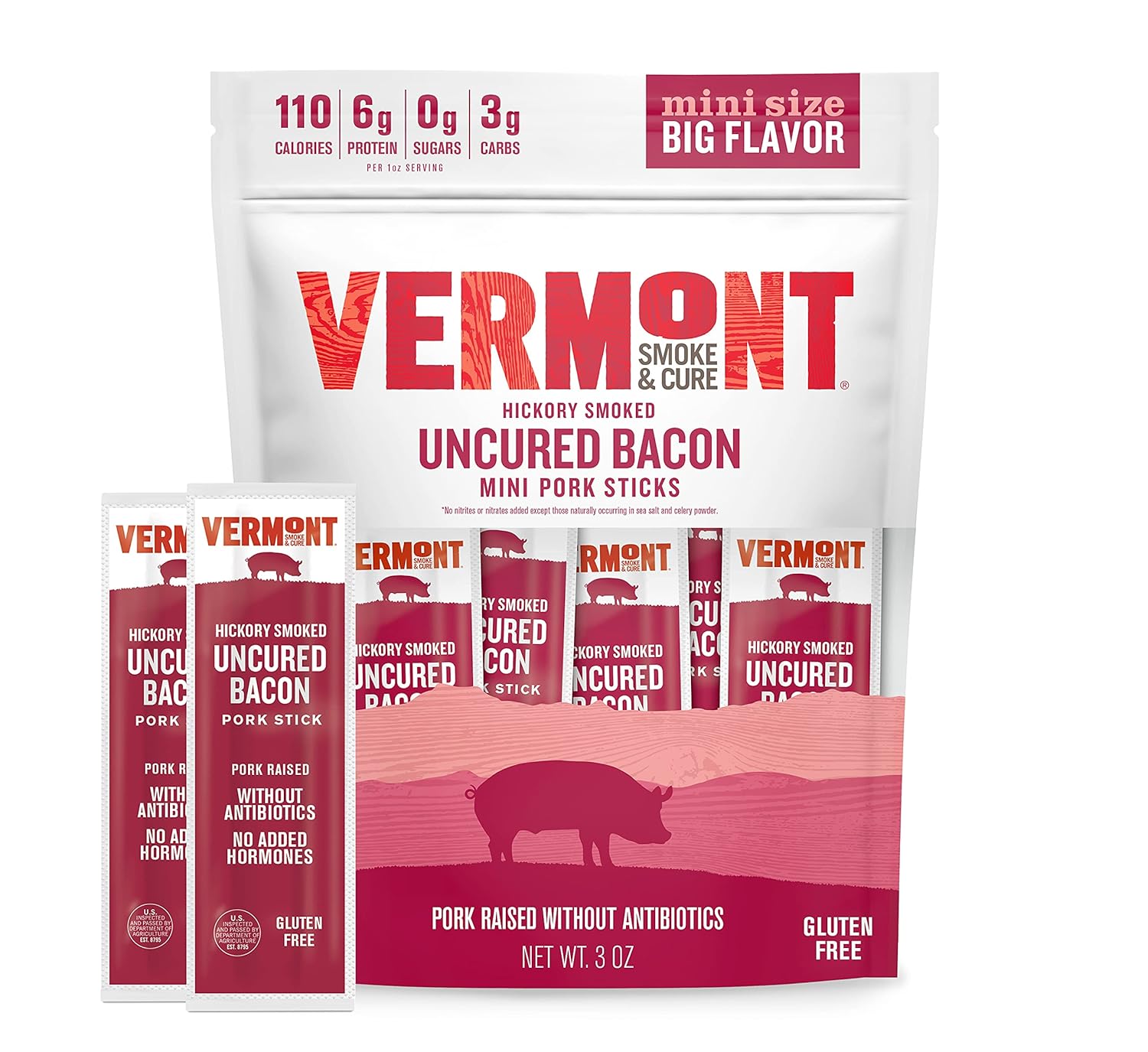 Snack Sticks by Vermont Smoke & Cure – Hickory Smoked – Uncured Bacon Pork – Gluten-Free – Healthy Meat Protein - .5 ounce – 3oz Pouch