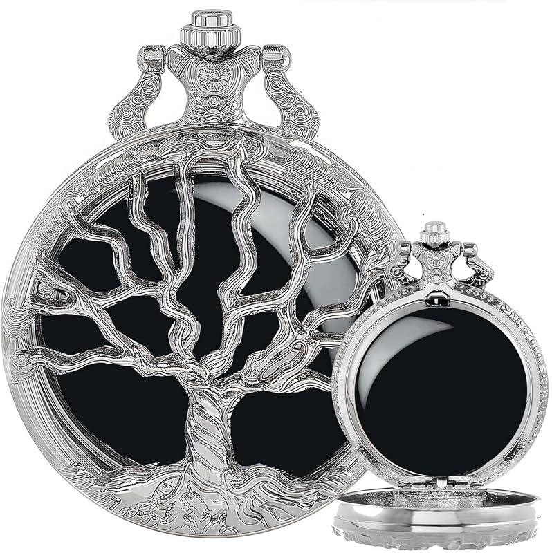 Espelho compacto redondo DerMacht em obsidiana preta com capa de árvore da vida, A2. Life Tree Silver, corrente