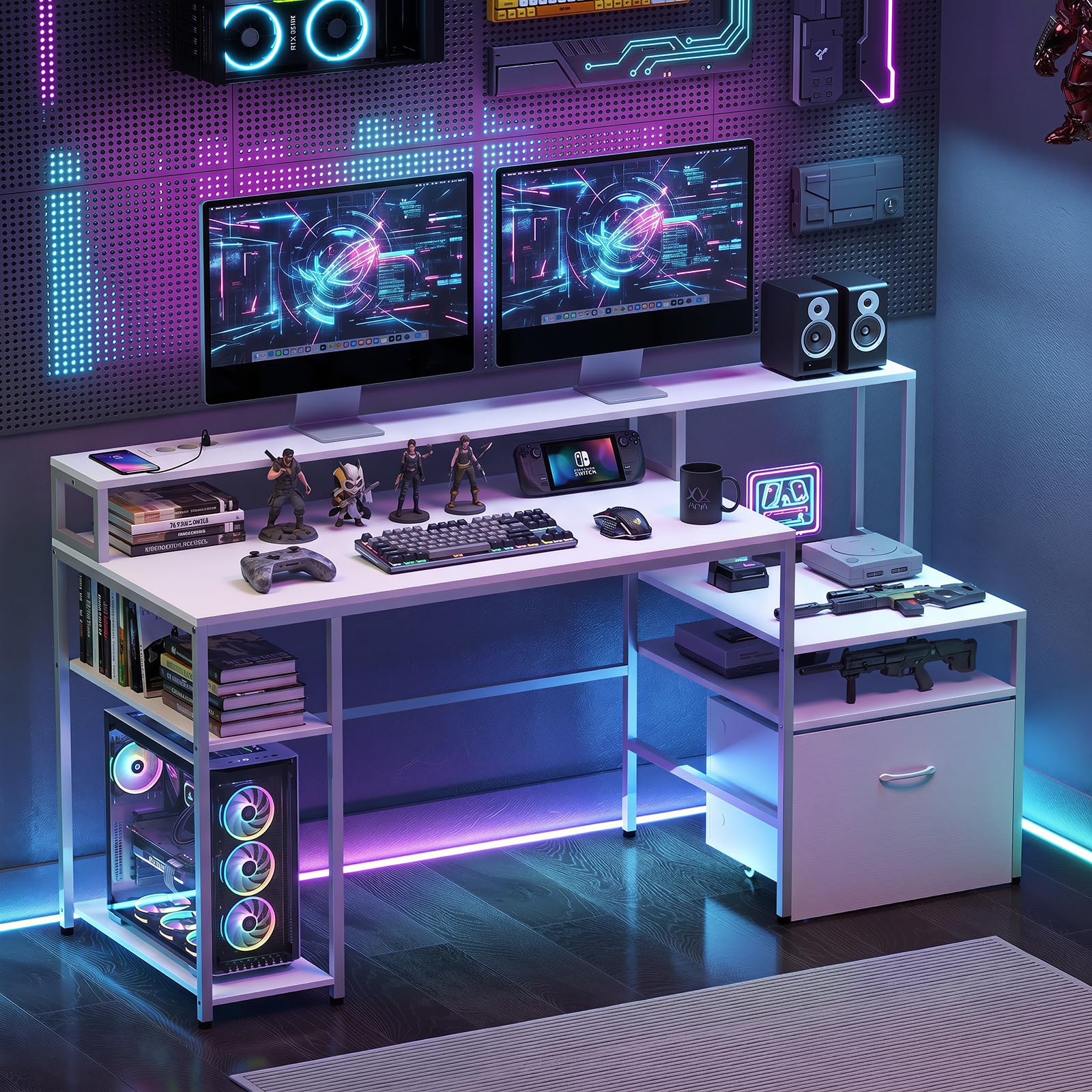 COSTWAY Scrivania Gaming Salvaspazio con Stazione di Ricarica (Bianco) | Scrivania con Ampio Piano, Cassetto con Ruote, Supporti per PC, Monitor e Stampante, per Ufficio e Casa