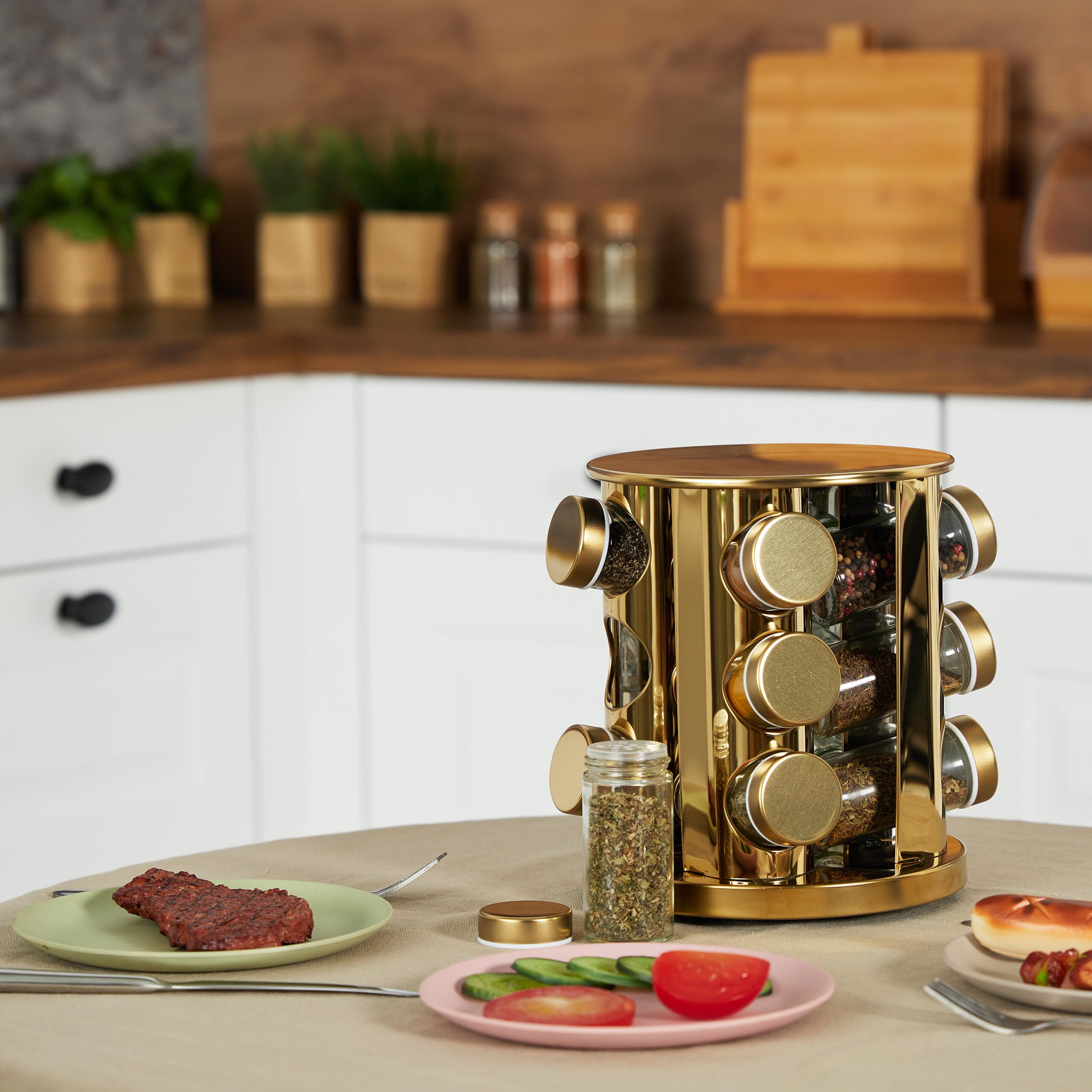Relaxdays Portaspezie da Cucina, 12 Barattoli, Organizer per Spezie Girevole 360°, Acciaio Inox Vetro, HxD 22x20 cm, Oro