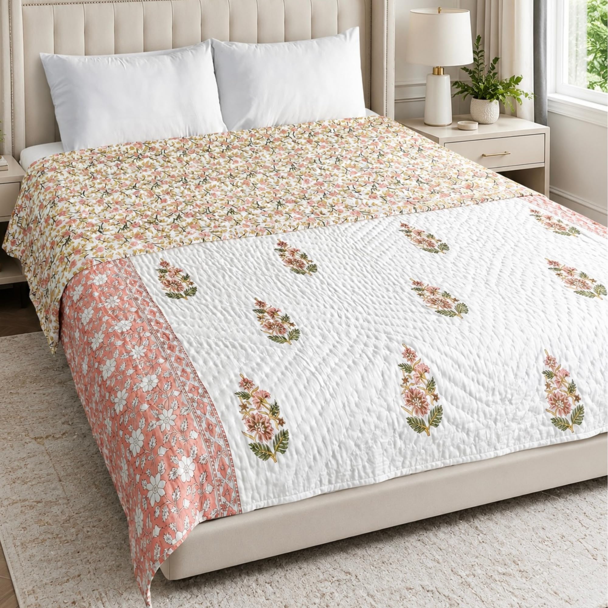 100% Cotton Hand Block Printed King/Queen Size Quilt | Reversible Mulmul Cotton Razai | 90 x 108 Inches Comforter (Blush Blossom)-image-7