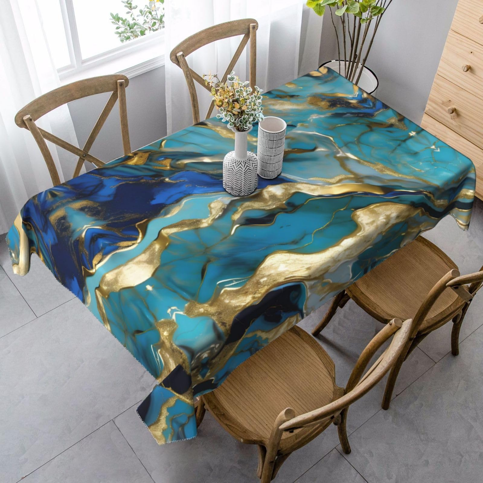 Sabfwf Black Azurite Teal And Foil Gold Oil Marble Pattern Print Rectangular Tablecloth,Thanksgiving Table Cloth,Decorative Cloth Table Cover
