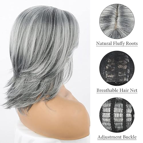 Miniatura 7 de Aisaide Peluca corta gris plateado degradado con reflejos en capas con flequillo de cortina, pelucas grises para mujer, peluca gris sintético