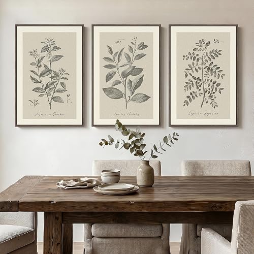 Framed Vintage Botanical Wall Art for Dining Room, 3 Piece Neutral Floral Plants Canvas Painting Prints Artwork, Rustic Flowers Pictures for Farmhouse Living Room Bedroom Kitchen Home Decor, 16x24 In