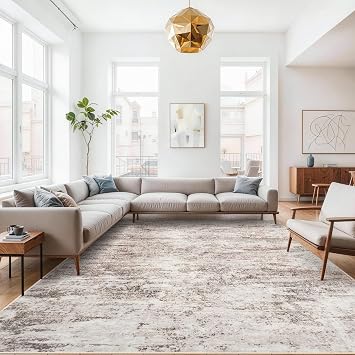 9X12 Abstract Area Rug Large Washable Living Room rug Indoor Non Slip low pile Carpet for Bedroom Soft Foldable Stain Resistant Distressed thin rug for Dining room kitchen 9X12 Brown