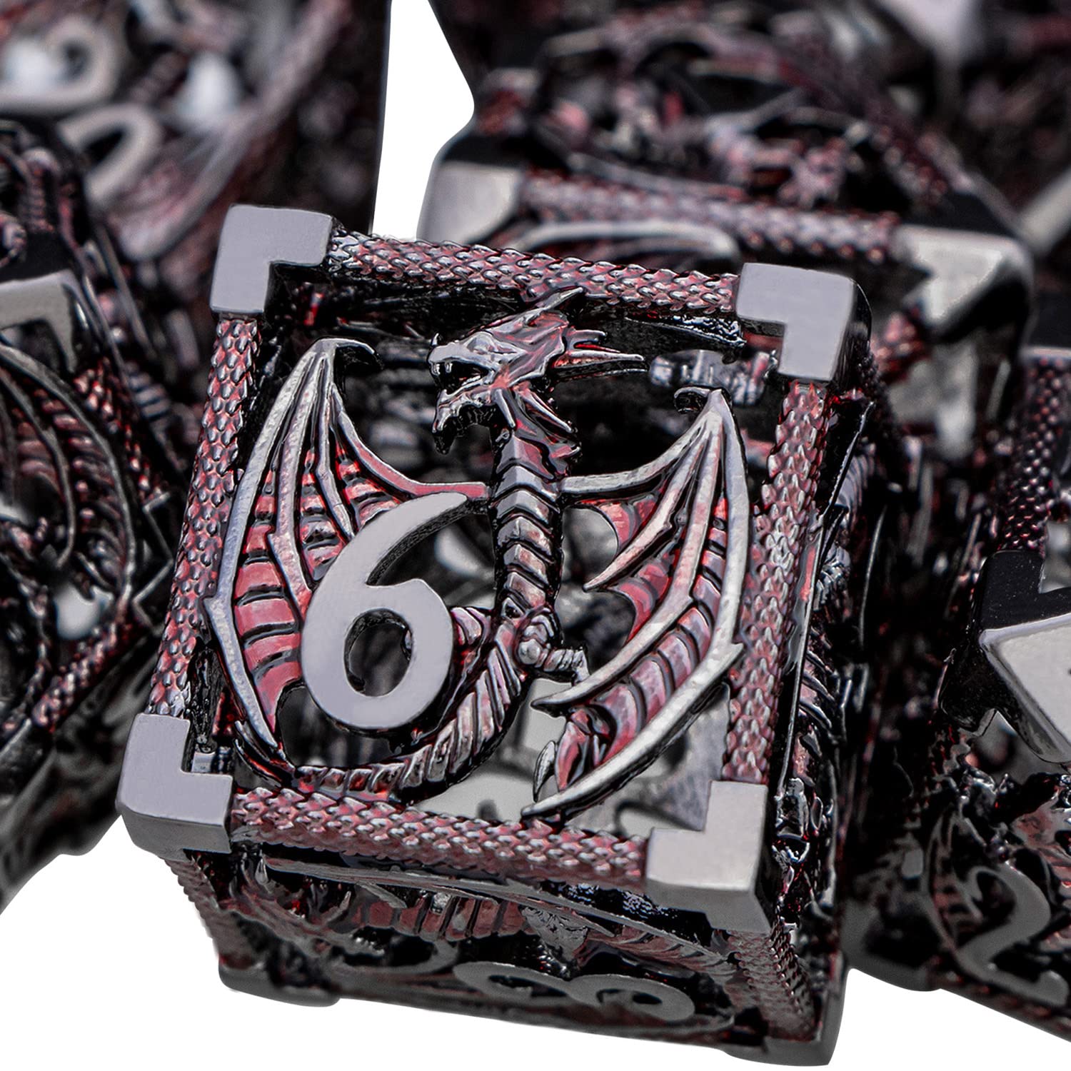 ARUOHHA Hollow DND Dice Set 7PCS Black Red Metal Dragons Dice with Gift Box, D and D Dice RPG Role Playing Games, Dungeons Polyhedral Dice Set D20 D12 D10 D8 D6 D4