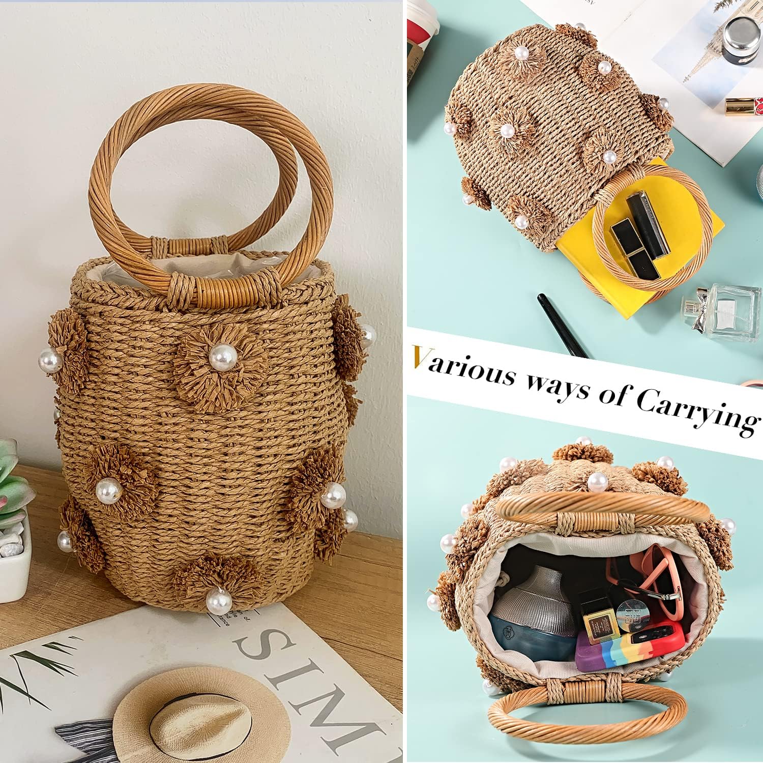 JBRUN Pearl Flower Straw Woven Tote Bag Summer Beach Rattan Handle Bucket Bag Straw Purses and Handbags for Women - Image 7