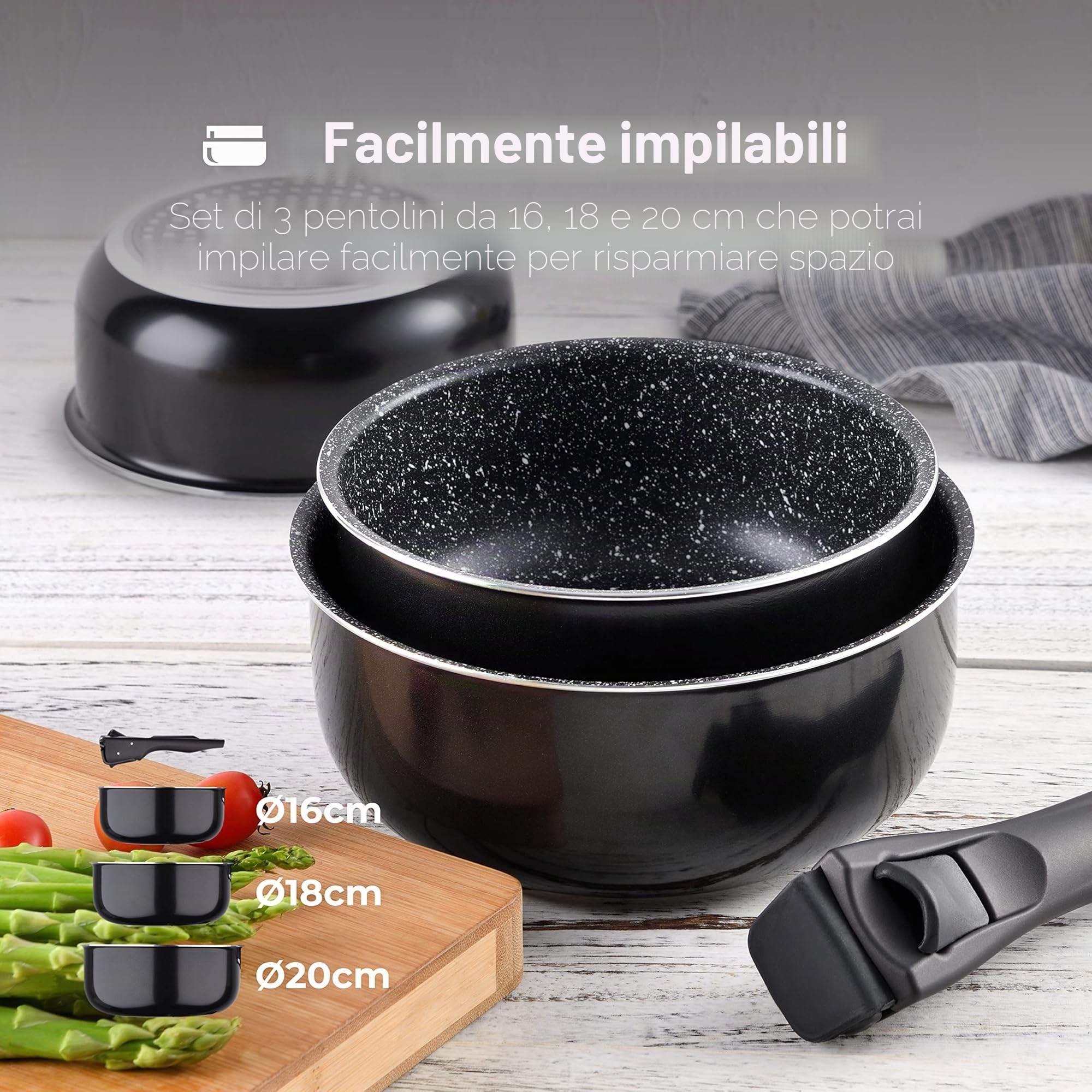 BERGNER | Set di Pentole da Cucina | 3 Pezzi da 16, 18 e 20 cm | Alluminio Pressofuso e Antiaderente | Con Manico Ergonomico Estraibile | Accessorio da Cucina | Per Tutti i Tipi di Cucina e Forno