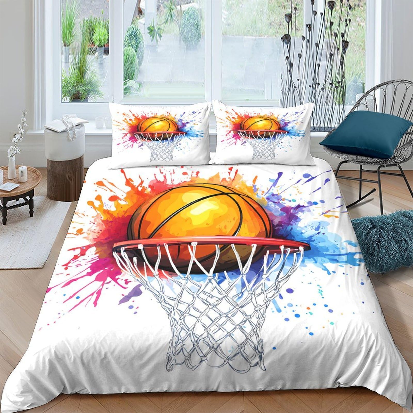 Ctjqhvkz Style-2 3D Printed Basketball Splash Fitted Sheet Microfiber Vibrant Hoop Bed Cover Anti-Slip Machine Washable Decor For Bedroom Single（135X200cm）