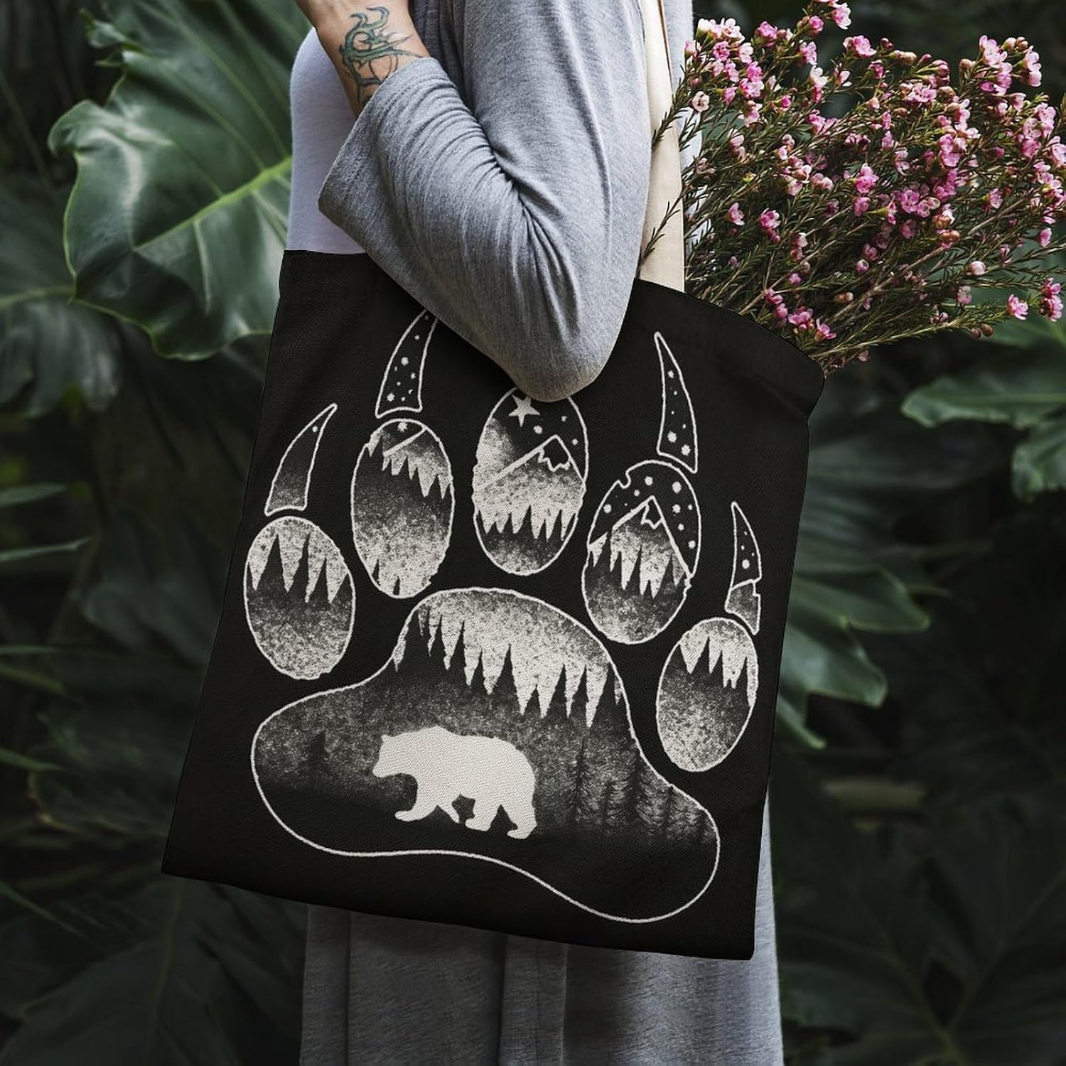 Forest Bear Paw Canvas Tote Bag Reusable Grocery Bags Foldable Soft Cotton Shoulder Carry Bag