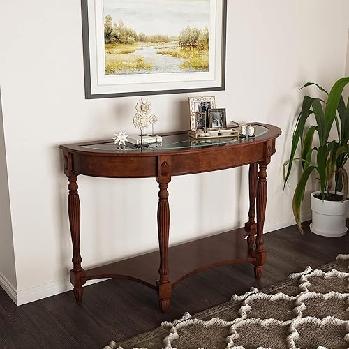 Miniatura 3 de PADMA HOUSE Mesa de sofá semicírculo tradicional de madera maciza con tapa de vidrio templado para sala de estar, nogal cereza