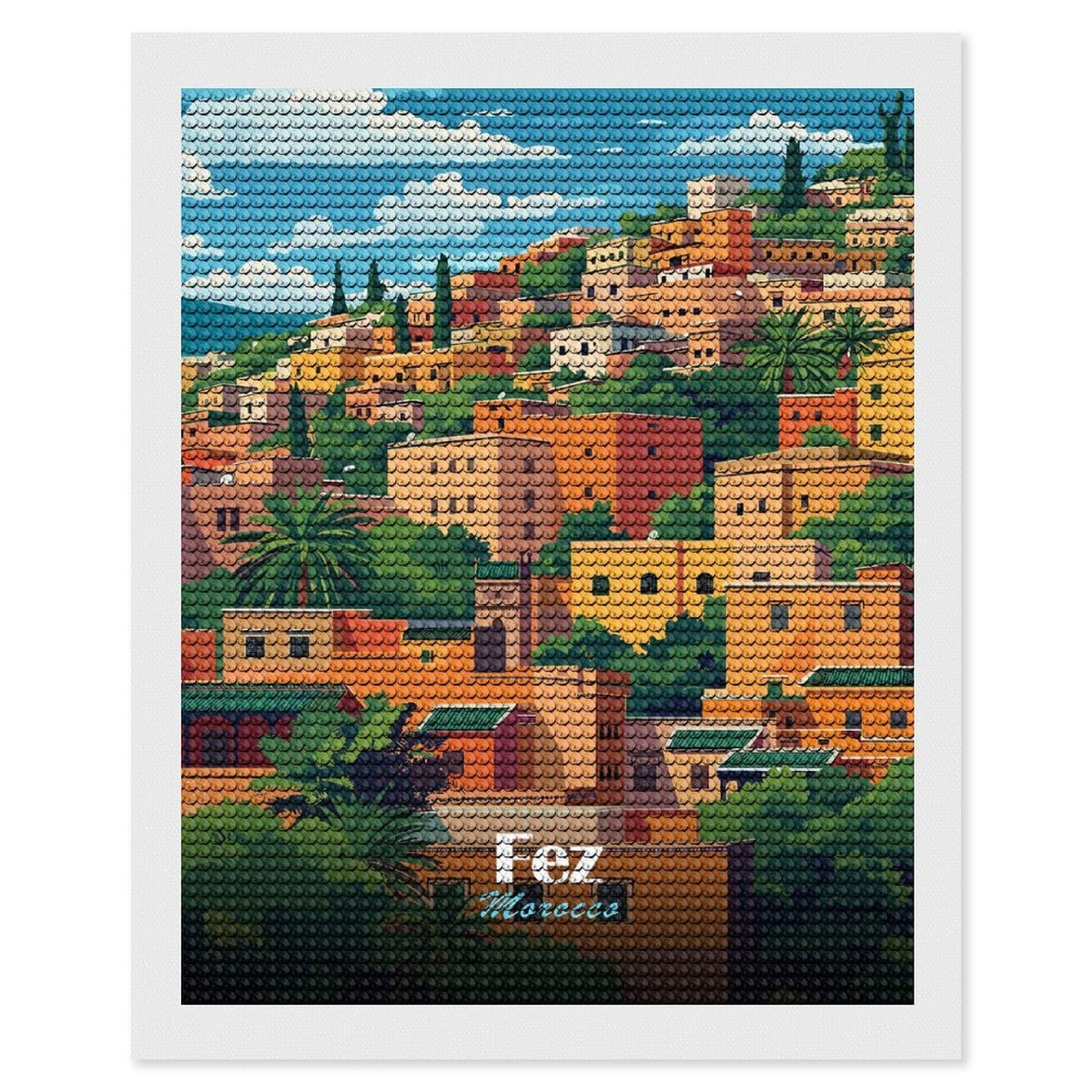 Junmoney Fez, Morocco Cityscape Illustration Round Drill Diamond Painting 16"x20", Handmade Wall Decor, Modern Decor, Aesthetic Room Decor, Easy Craft Set