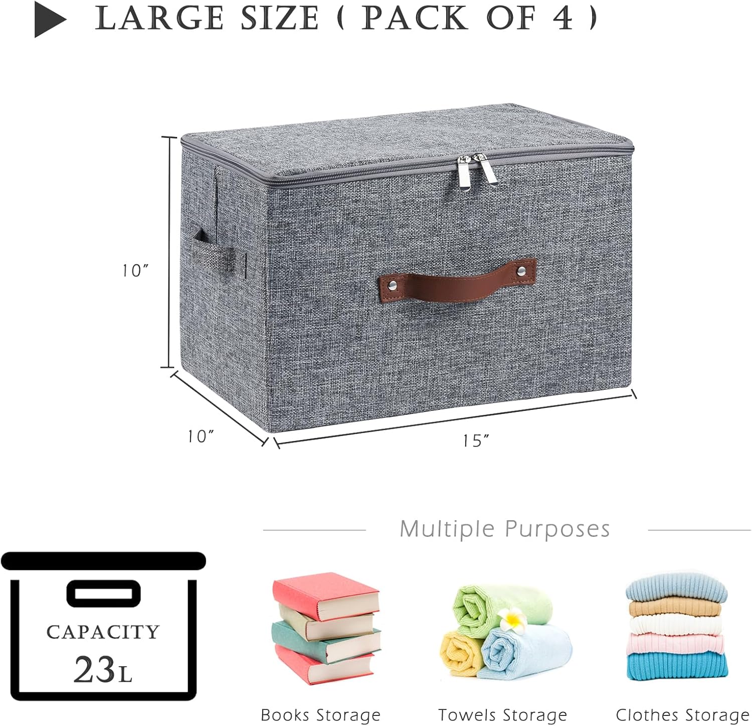 4 Pack Storage Bins with Zipper Lid Cotton Linen Fabric Lidded Storage Baskets Boxes Foldable Washable Closet Shelf Clothes Organizer Container with PU Leather Handles (Gray, Large)
