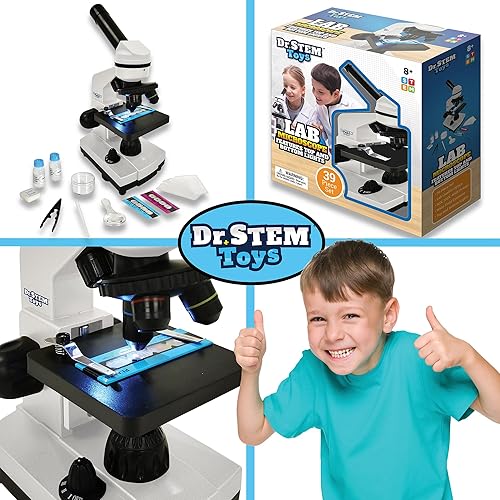 Miniatura 7 de Dr. STEM Toys Kit de microscopio de 39 piezas para niños con luces superior e inferior, diapositivas de muestra, lentes ajustables 40X, 100X y 400X,