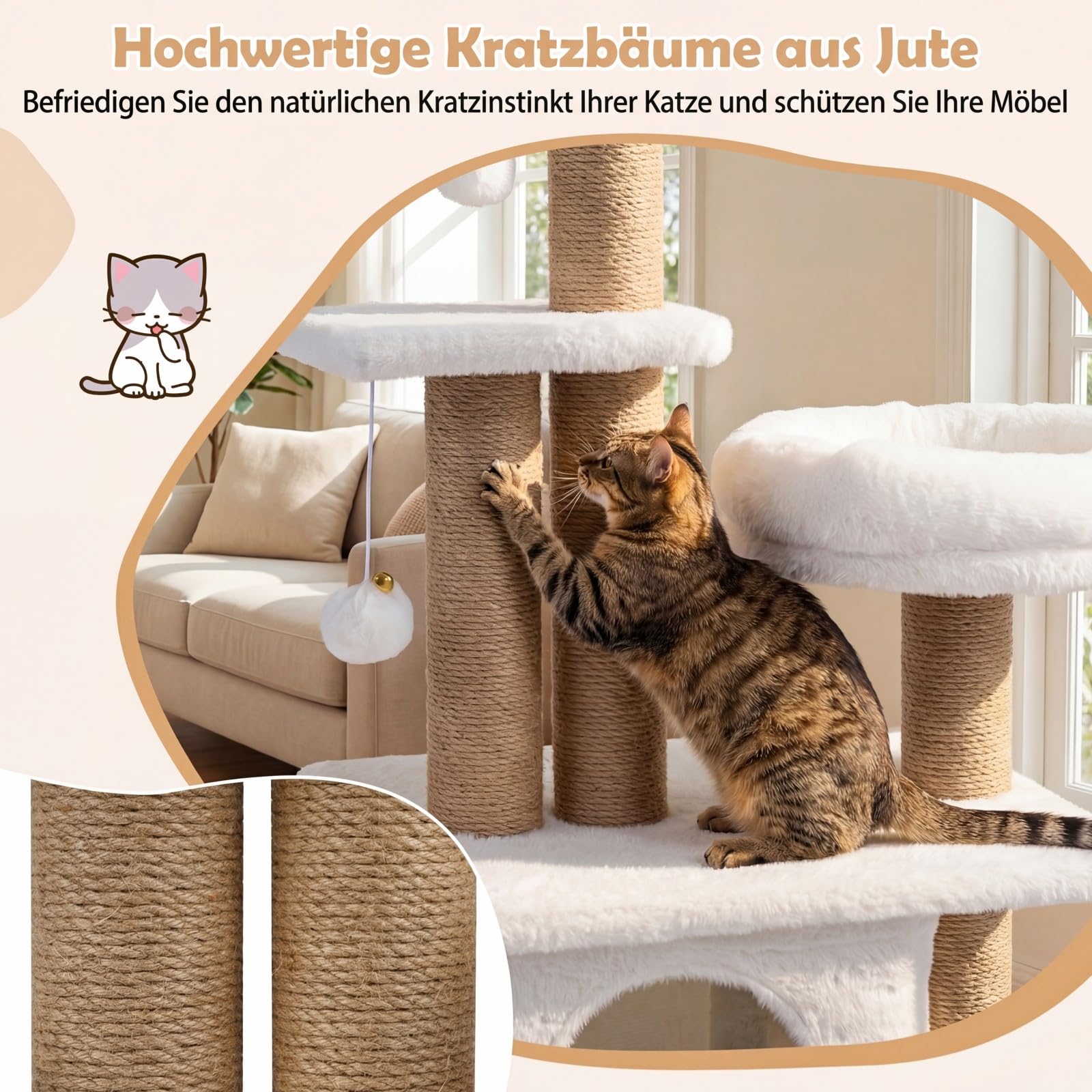 COSTWAY Kratzbaum, 96 cm, Katzenbaum mit Katzenhöhle, Plattform, Bett, großer Basis & 2 Bällen, Dicke Stämme aus Jute, Katzenkratzbaum Holz, Katzen Katzenmöbel, Kletterbaum Aktivitätsbaum (Beige)