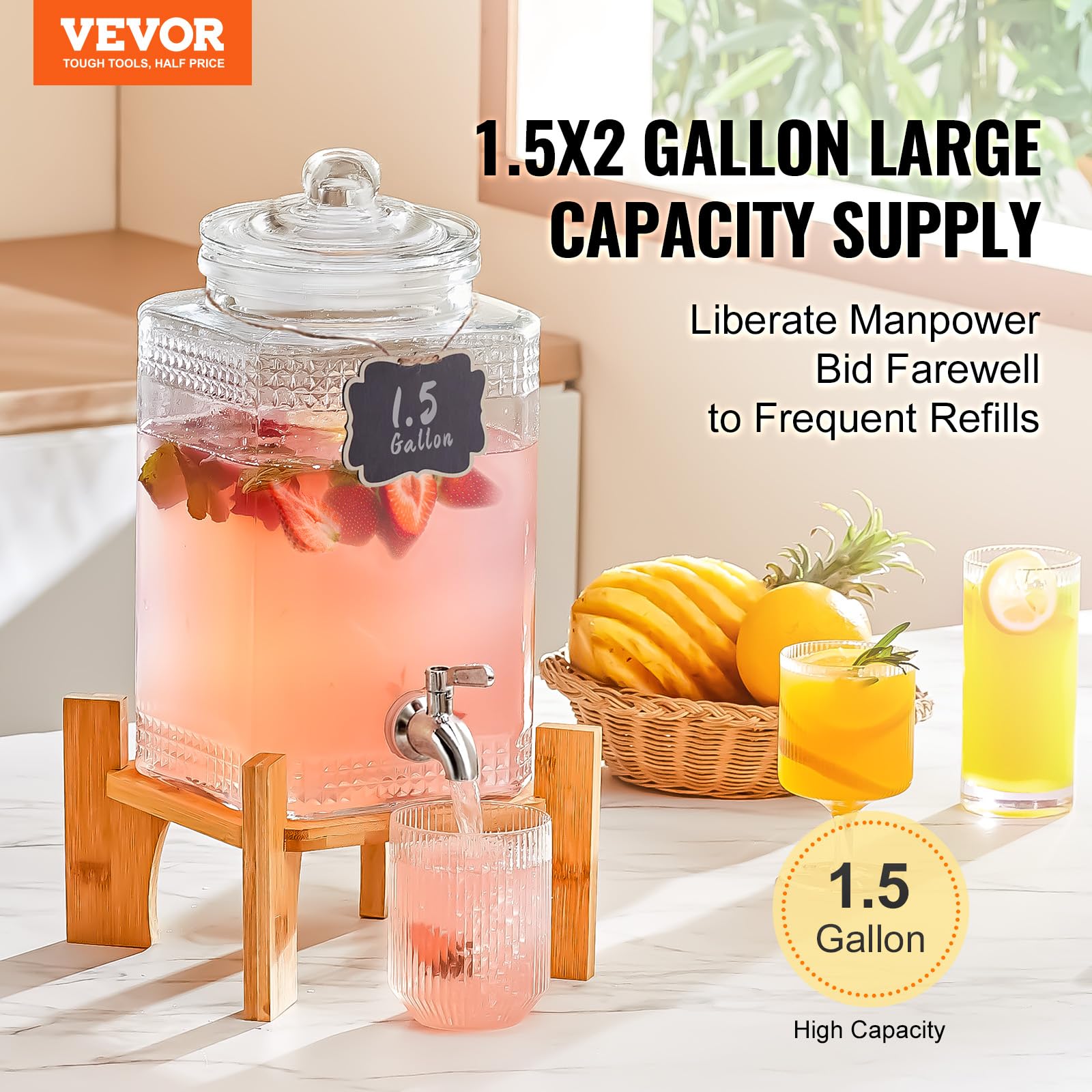 VEVOR Dispensador de Bebidas de 5,5 Litros para Fiestas, Dispensador de Jugo de Vidrio con Soporte, Espiga de Acero Inoxidable, Dispensador de Agua de Jugo de Limonada de Té Helado, 215 x 215 x 425 mm