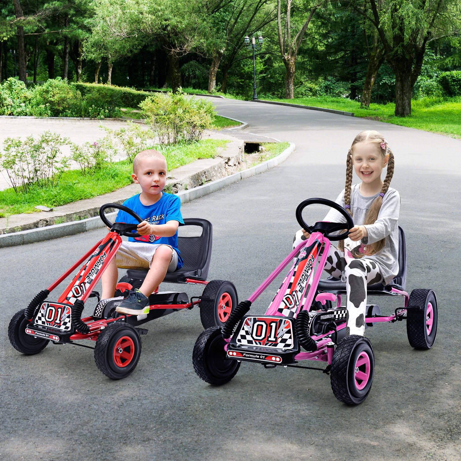 HONEY JOY Go Kart for Kids, 4 Wheel Quad Off-Road Pedal On Foot Go Cart w/Steering Wheels & Adjustable Seat, 2 Safety Brakes, EVA Rubber Tires, Clutch, Outdoor Racer Ride On Pedal Car (Pink)