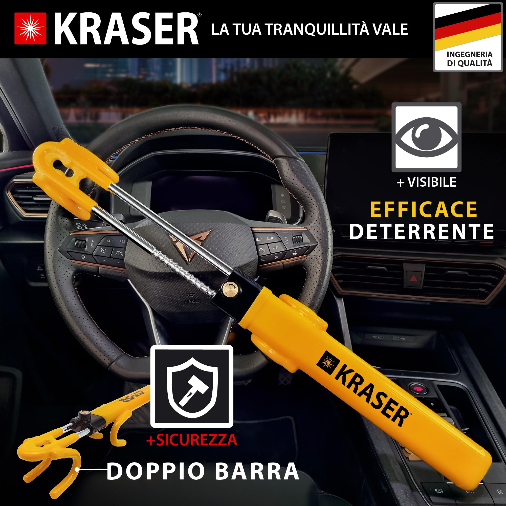 KRASER KR842Y Antifurto Auto Blocca Sterzo Alta Sicurezza, Doppio Gancio Regolabile, Piu Sicuro e Deterrente, Blocco Volante Protezione Antigraffio, Bloccasterzo Universale Automobile Camper Fourgone